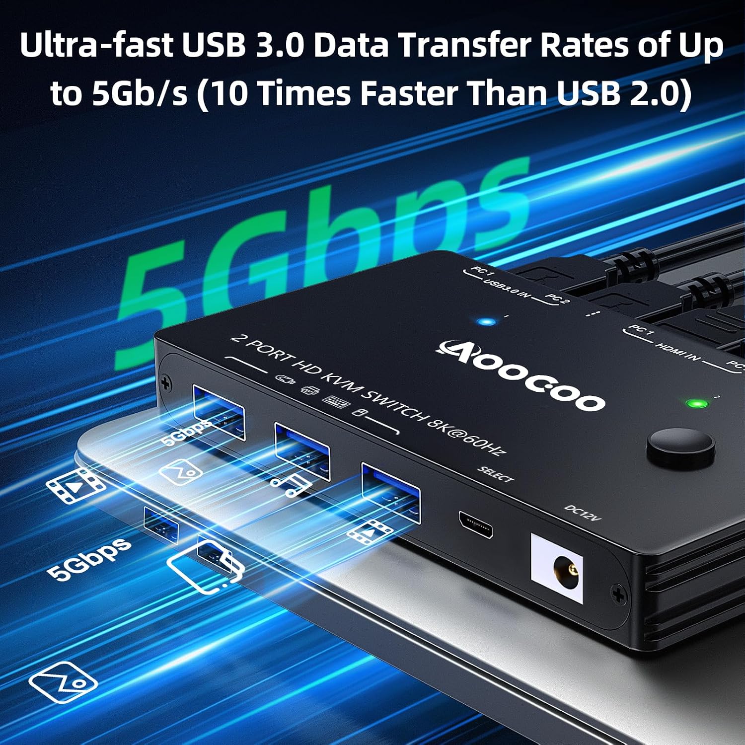 HDMI KVM Switch 2 Computers 1 Monitors, 8K@60Hz/4K@120Hz Monitor KVM Switch 2 Port for 2 PCs Share 1 Monitor, with 3 USB3.0 Ports, USB Cables and Power Adapter (8K HDMI 2 in 1 Out KVM)