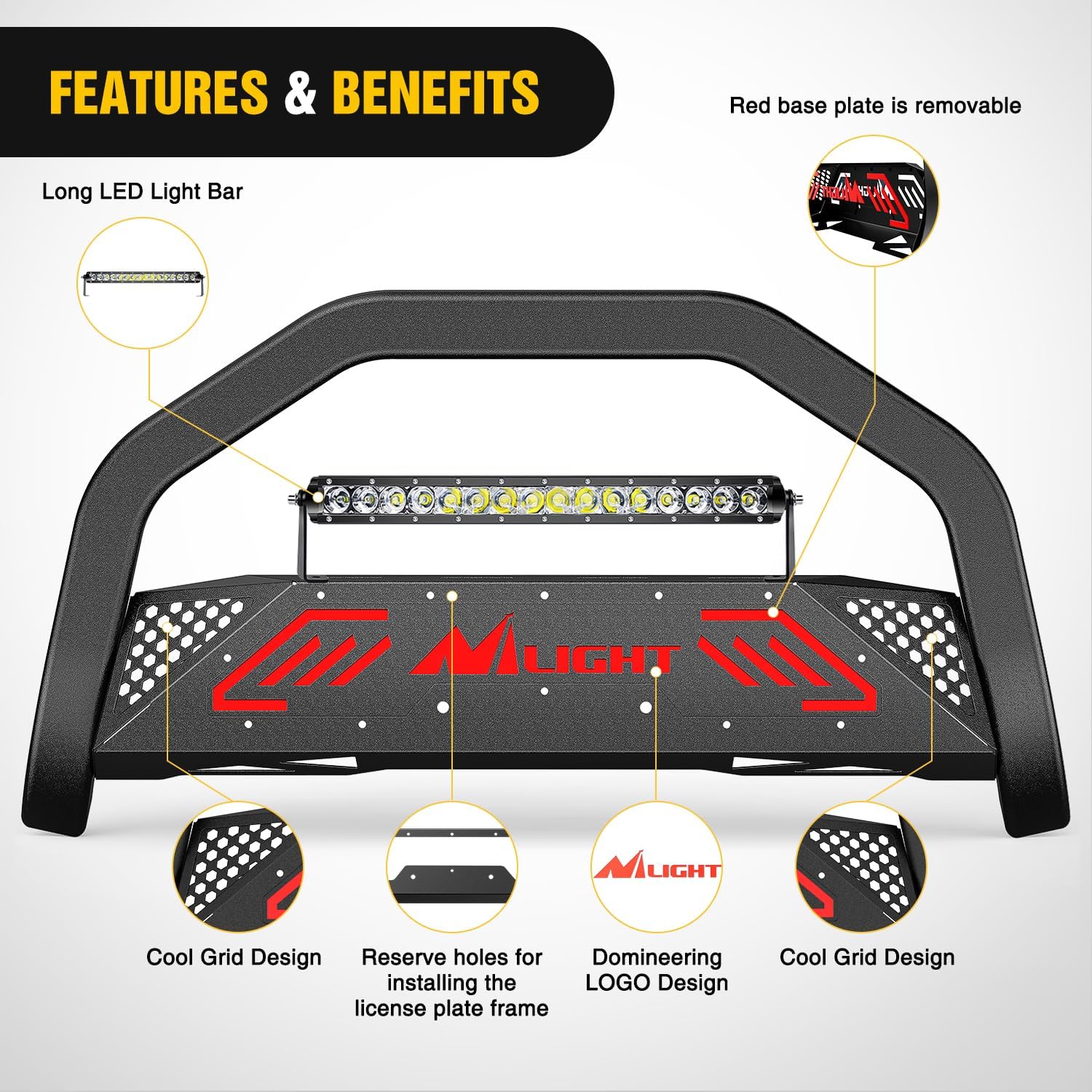 Nilight Bull Bar with Light Bar&License Plate Hole Compatible with Toyota Tacoma 2024 2025 2026 Truck Brush Guard, Front Bumper Push Bar w/Grille Skid Plate Light Mount