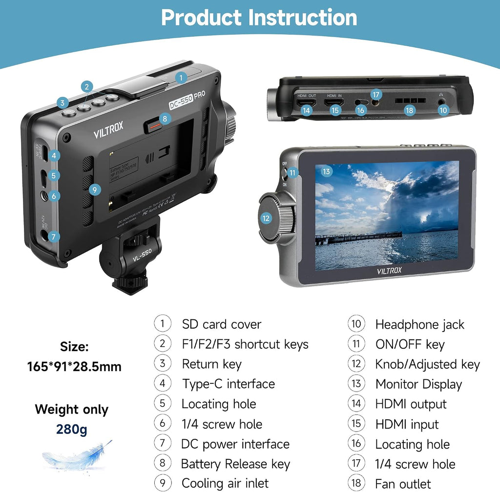 VILTROX DC-550 1200 Nits DSLR Camera Field Monitor, 4K 1920x1080 Touchscreen Portable On-Camera External Video Monitor Kit with Sunshade Hood/Battery 3D LUT DC HDMI Input Output Video Focus Peaking