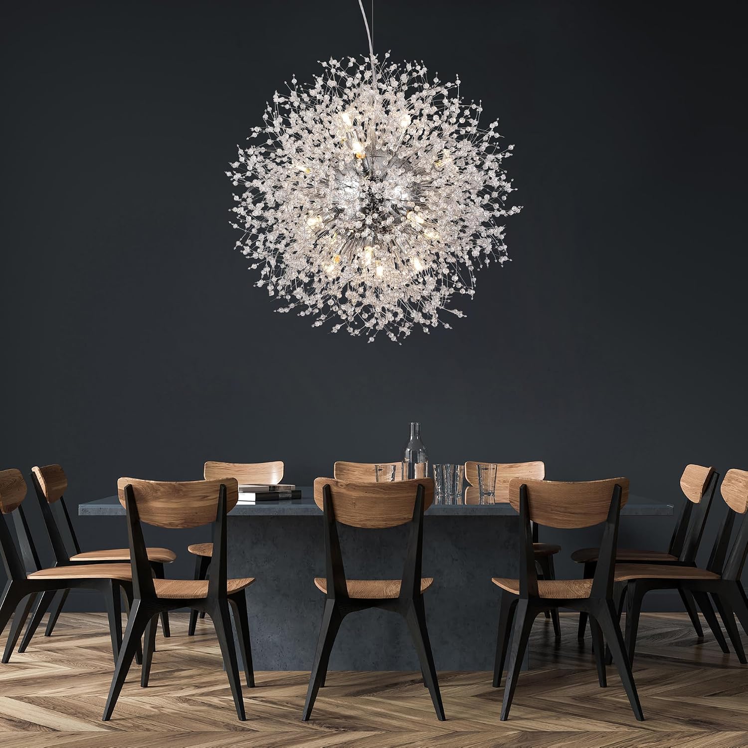 Crystal Chandeliers Dandelion, 16-Light Chrome Stainless Steel Firework Chandeliers for Living Room, 23.6' Modern Chandelier Light Fixture for Bedroom Foyer