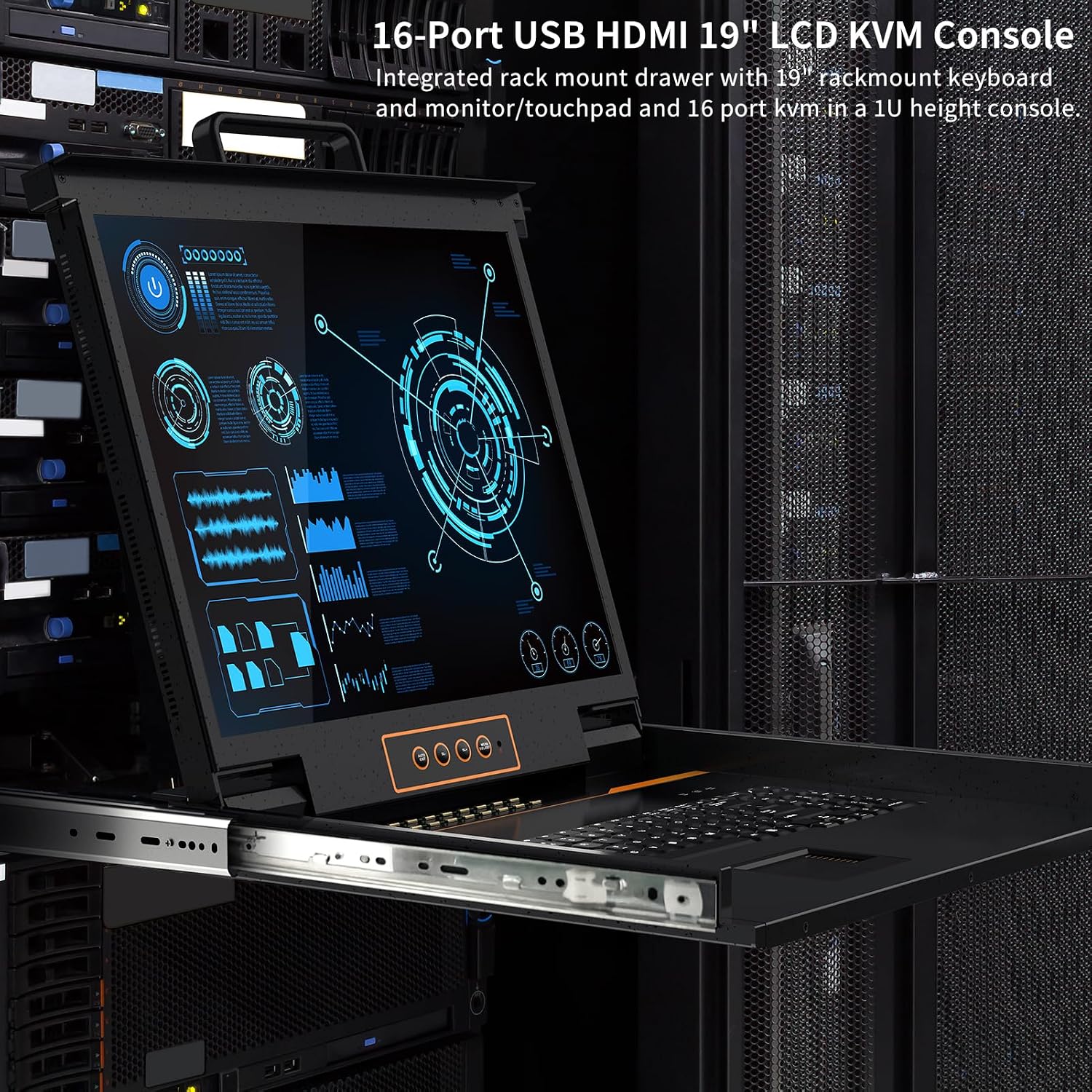 19-Inch Rackmount KVM Console, 1U Rack Mount Monitor and Keyboard HDMI 16 Port KVM Switch, OSD/Hotkey/Button Switching, Includes Cables, Compatible with Windows,Linux,Mac,Sun