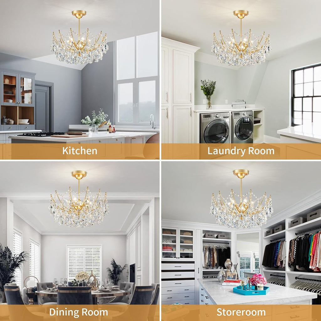 ANJIADENGSHI Crystal Chandelier Ceiling Light, Modern Semi Flush Mount Ceiling Light Fixture, Gold Hallway Lighting Fixtures Chandelier for Bedroom Bathroom Entryway Kitchen