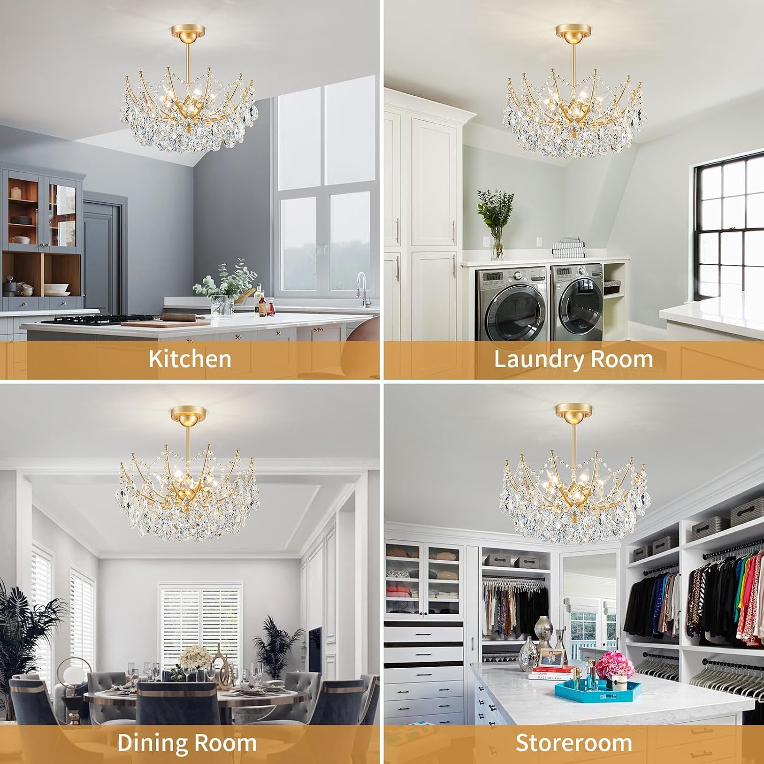 ANJIADENGSHI Crystal Chandelier Ceiling Light, Modern Semi Flush Mount Ceiling Light Fixture, Gold Hallway Lighting Fixtures Chandelier for Bedroom Bathroom Entryway Kitchen