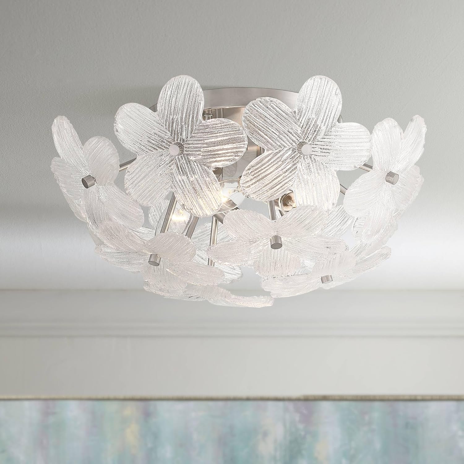 Possini Euro Design Filoli 16' Modern Semi Flush-Mount Ceiling Light Fixture Kitchen Foyer Hallway Flower Unique Silver Brushed Nickel Finish Glass Metal Bedroom Bathroom Entryway Living Room Indoor