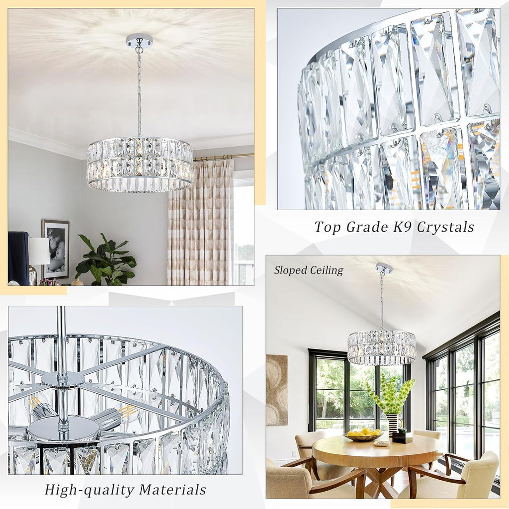 CATINER Modern Crystal Chandelier 18'Chrome Semi Flush Mount Ceiling Light Fixtures 6-Lights Drum Crystal Pendant Lighting for Dining Room Foyer Bedroom Living Room
