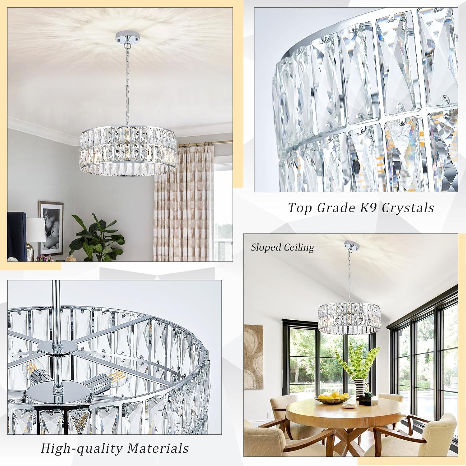 CATINER Modern Crystal Chandelier 18'Chrome Semi Flush Mount Ceiling Light Fixtures 6-Lights Drum Crystal Pendant Lighting for Dining Room Foyer Bedroom Living Room
