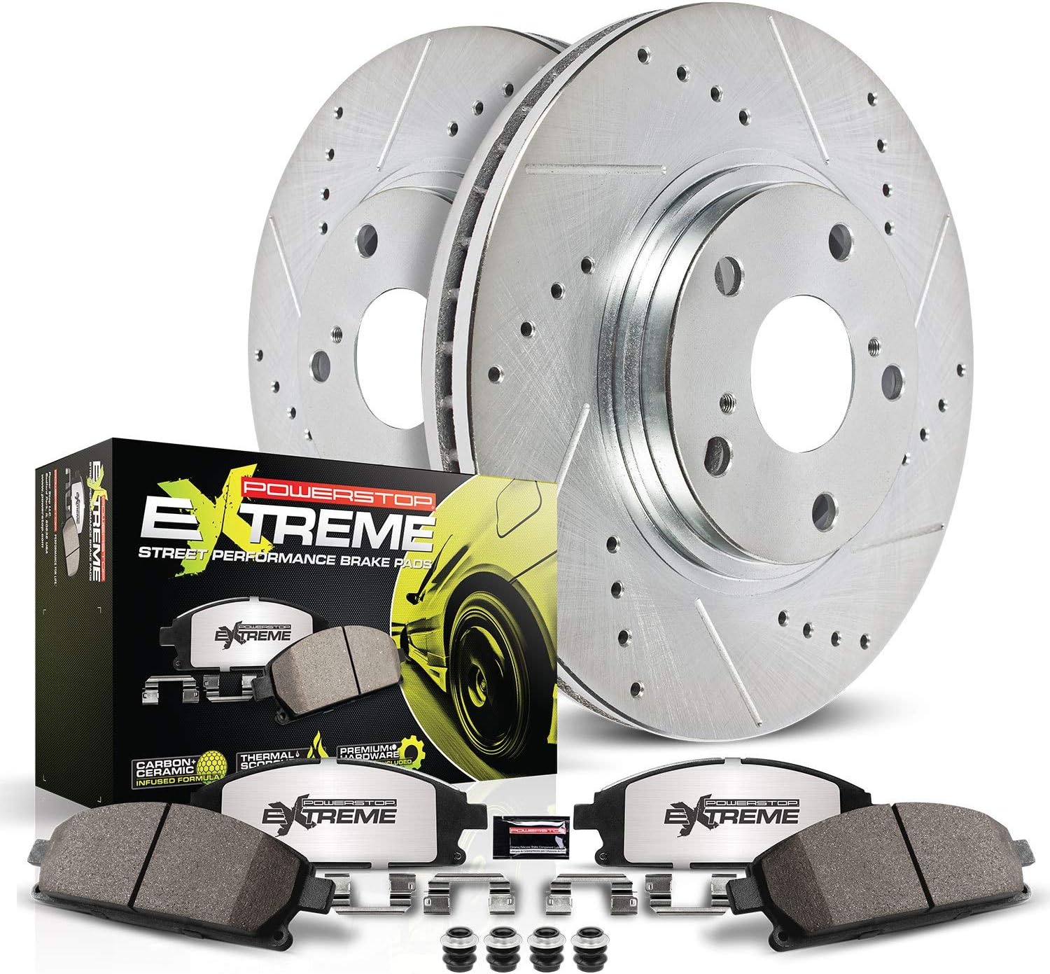 PowerStop Front Brake Kit for Honda Civic 1993-95 |Civic del Sol 1994-97 |Fit 2007-08 - Carbon-Fiber Ceramic Z26 Brake Pads + Drilled & Slotted Rotors Upgrade, K694-26