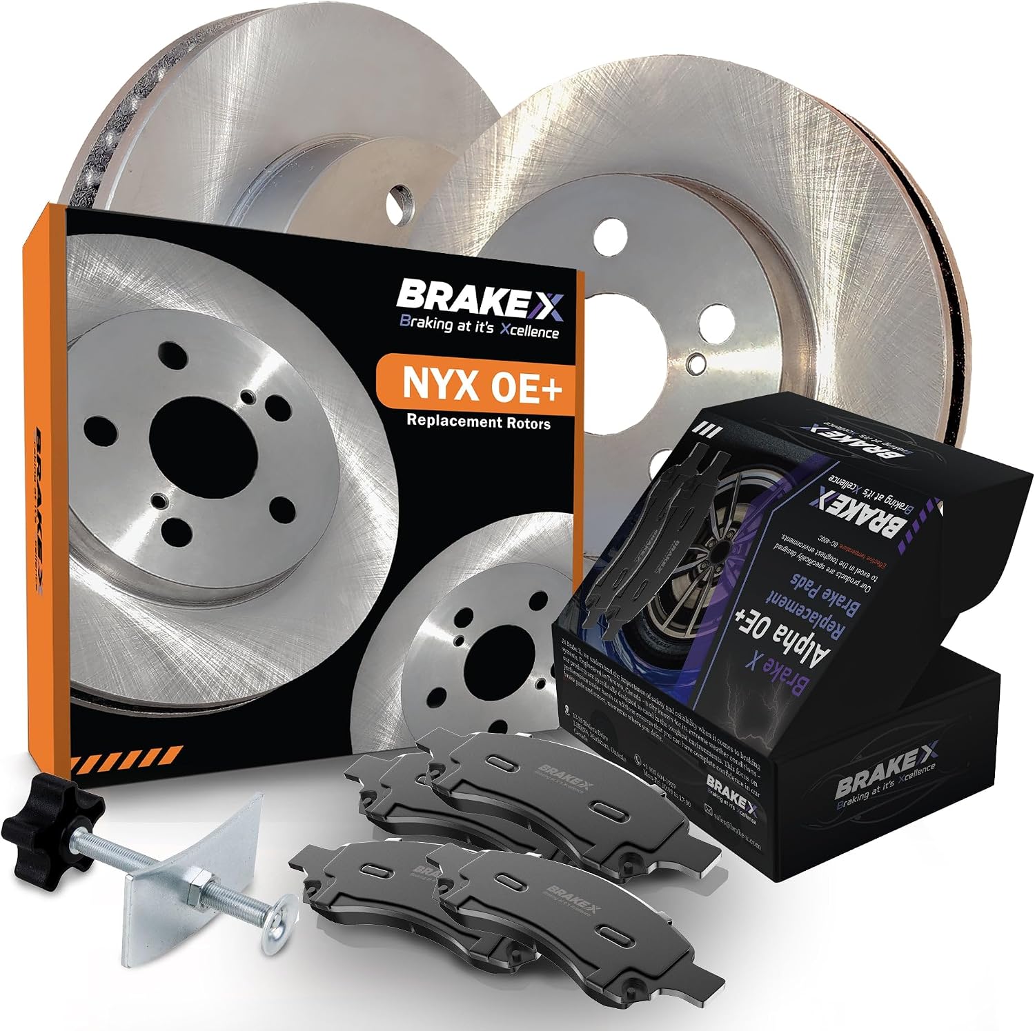 Brake X Front Brake Pads and Rotors Kit with brake caliper compression tool replacement for 2006-2008 HONDA CIVIC | NYX OE+ Rotors and Alpha Ceramic Brake Pads
