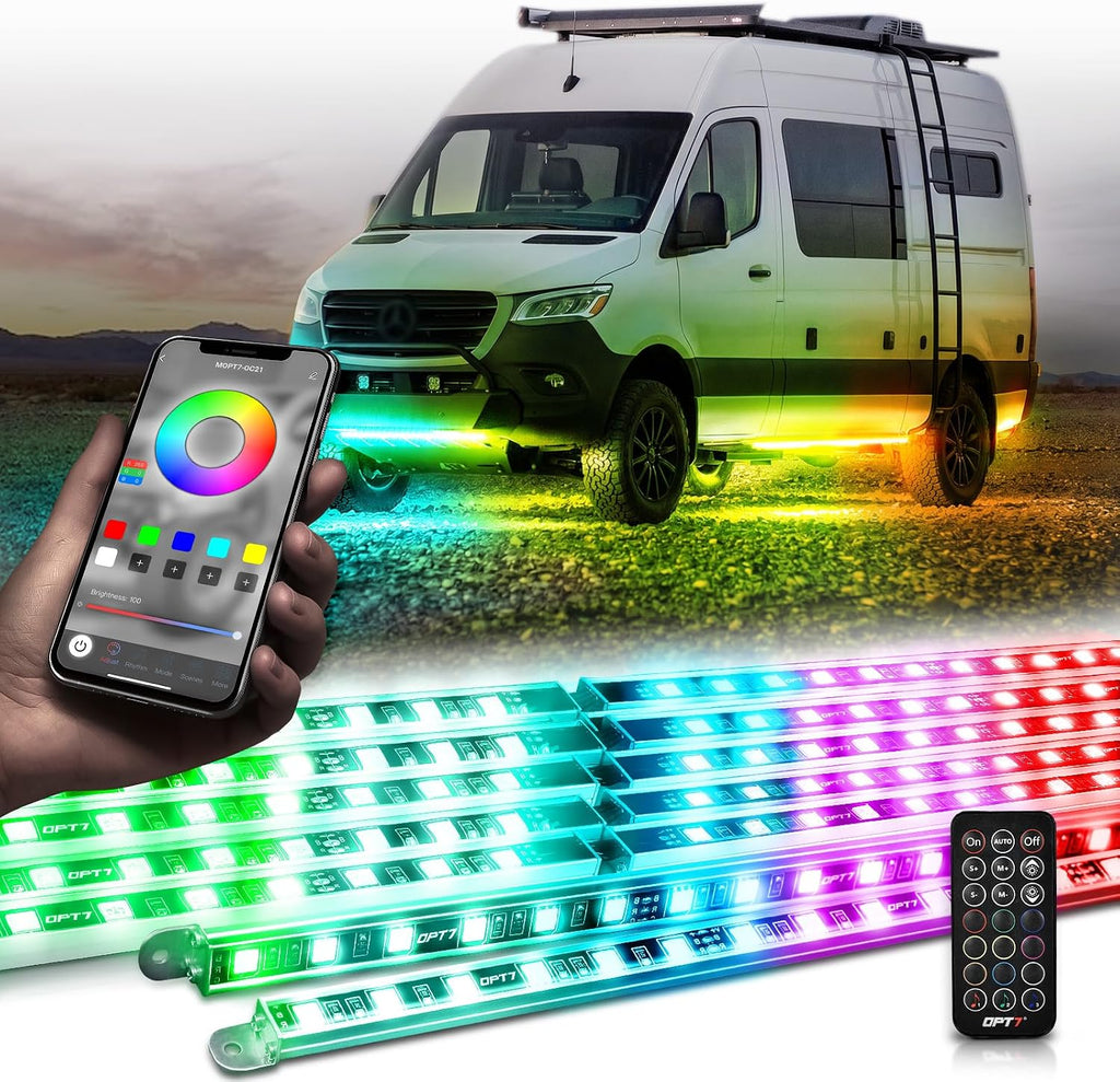 OPT7 Aura DreamColor Underglow Chasing Lights for RV with APP & Remote | Waterproof Aluminum Frame, RGB-IC LED Light Bar, Exterior RV Accent Lighting, Outdoor Camper Decor, Music Sync