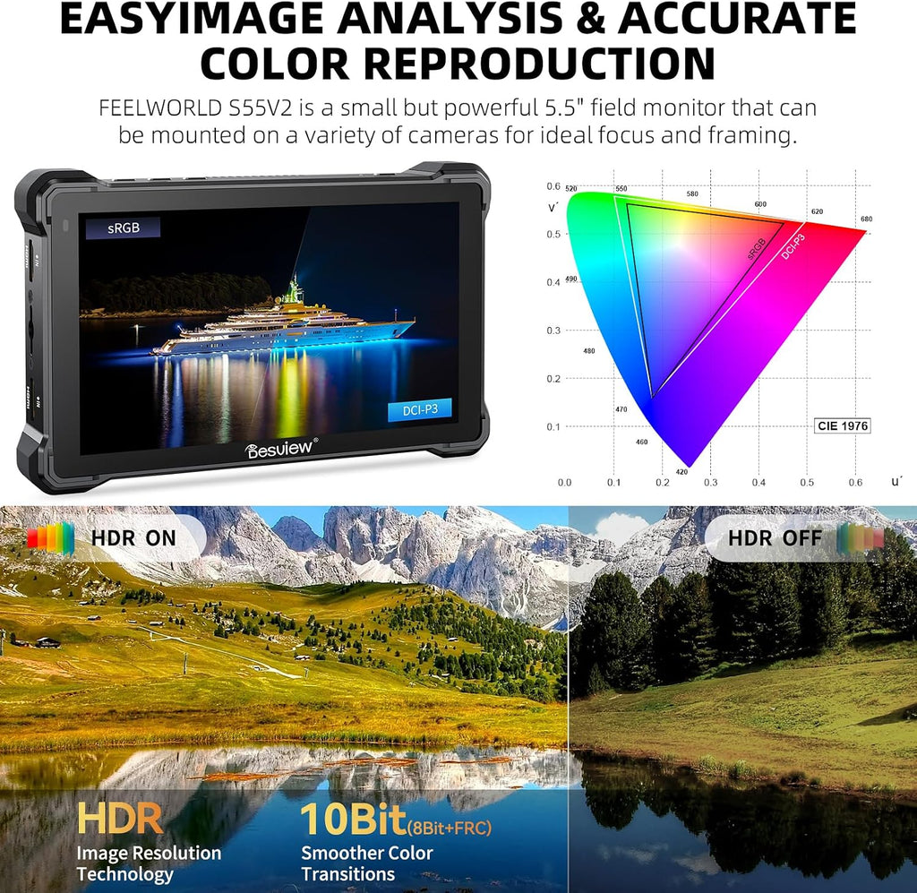 Desview A7 Camera Field Monitor, 7 inch Touch Screen 2800nit 1920 * 1080 Full HD 4K HDMI with 3D Lut Waveform VectorScope Histogram False Color Peaking Focus for DSLR Camera