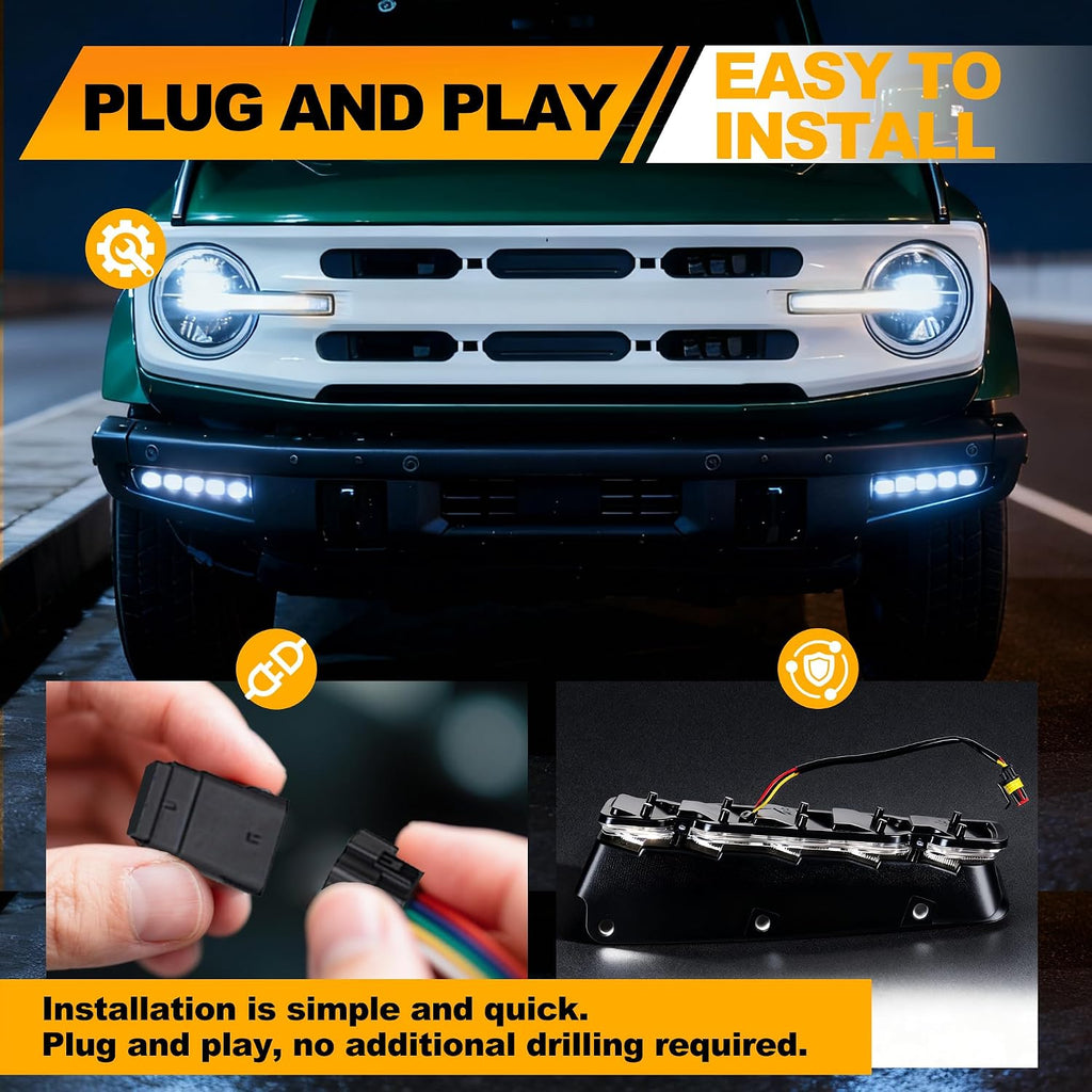 LED Fog Lights Compatible with Ford Bronco 2021-2026 Accessories | 2/4 Door, Modular Bumper, Sequential LED, Switchback DRL Turn Signal Lamps, White/Amber Light, 2PCS