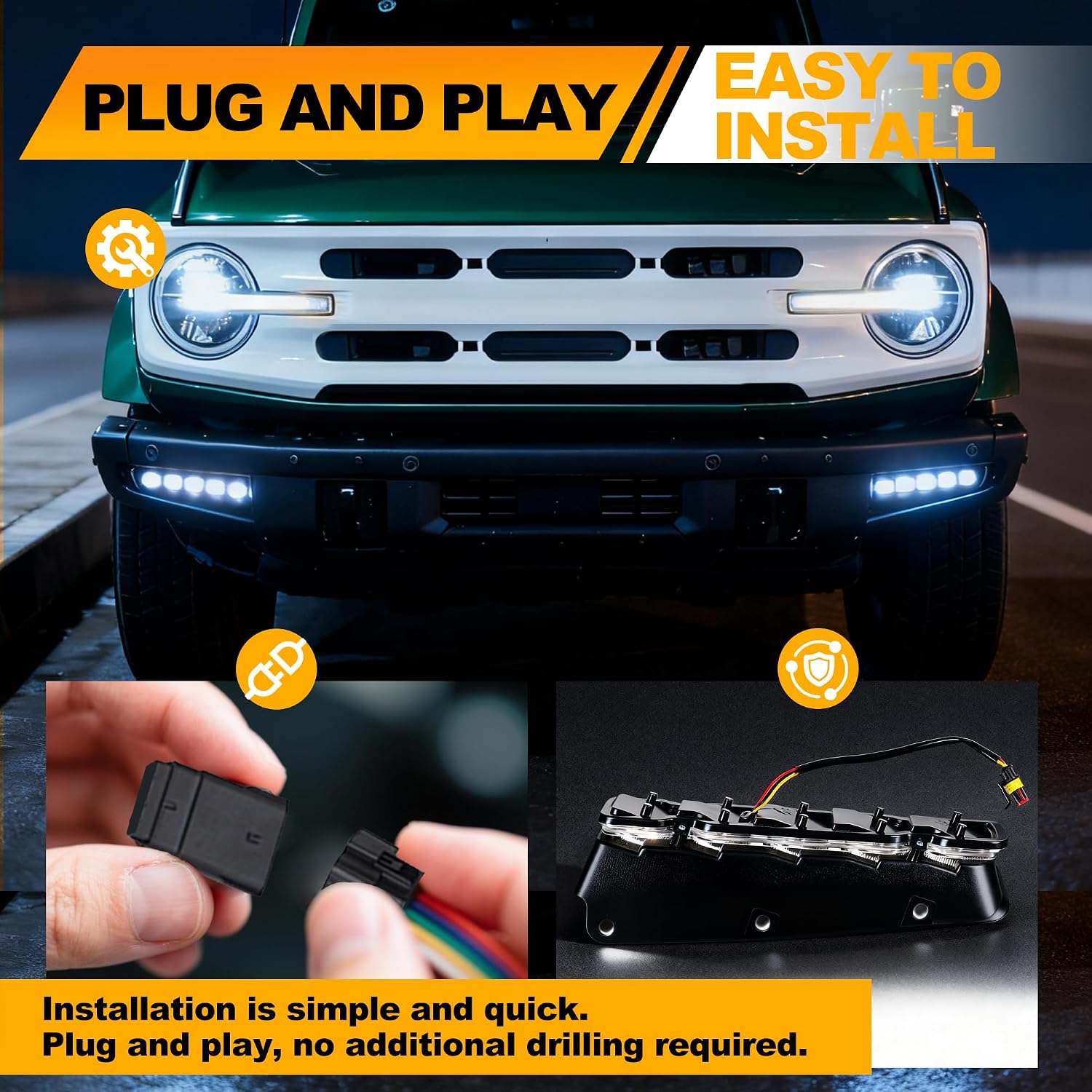 LED Fog Lights Compatible with Ford Bronco 2021-2026 Accessories | 2/4 Door, Modular Bumper, Sequential LED, Switchback DRL Turn Signal Lamps, White/Amber Light, 2PCS