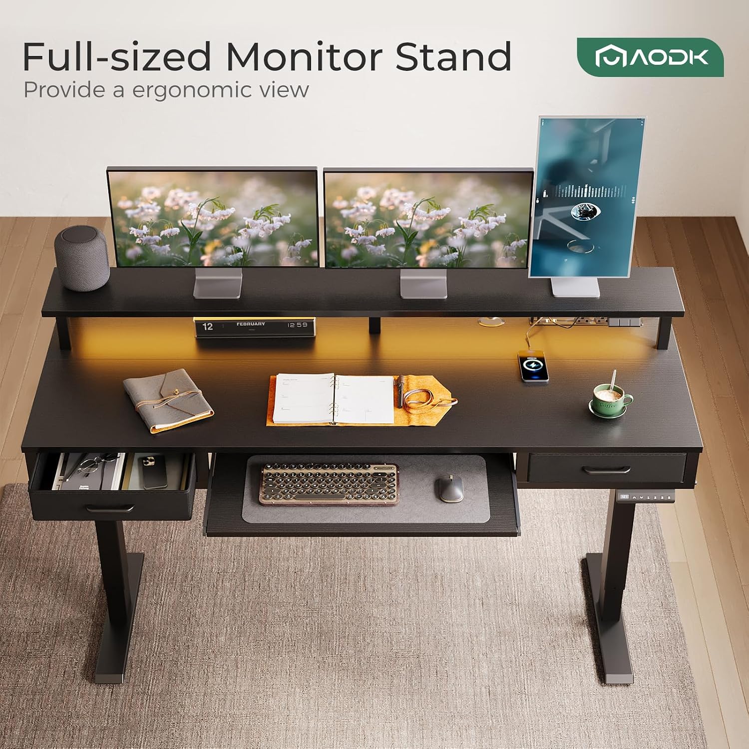AODK Electric Standing Desk with Drawers & Keyboard Tray, 63 Inch Height Adjustable Gaming Desk with Power Outlets & LED Lights, Sit Stand Table with Monitor Stand for Home, Office, Black