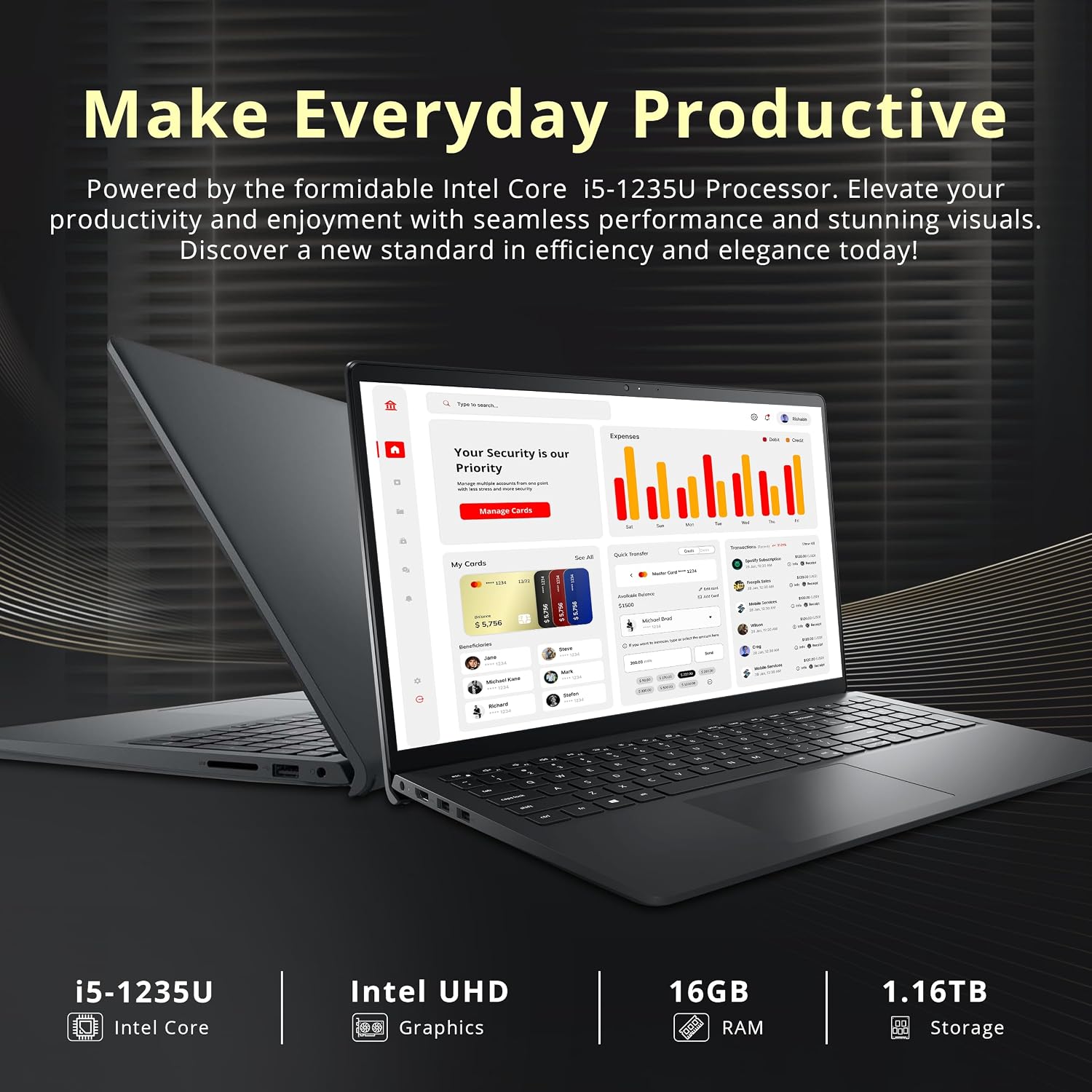 Dell Inspiron 15 15.6' Touch Screen Laptop, Intel i5-1235U, 16GB RAM, 1.16TB Storage(1TB PCIe SSD+160GB Docking Station Set), Intel UHD Graphics, Numeric Keypad, Black, Windows 11 Pro