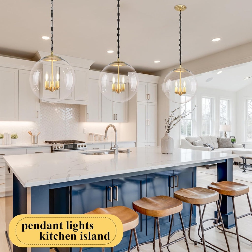 KoKo&Yukina 14' Gold Globe Pendant Light Mid Century Pendant Light Clear Glass Pendant Lights Kitchen Island Adjustable Hanging Light Fixture for Dining Room Bedroom Kitchen Island