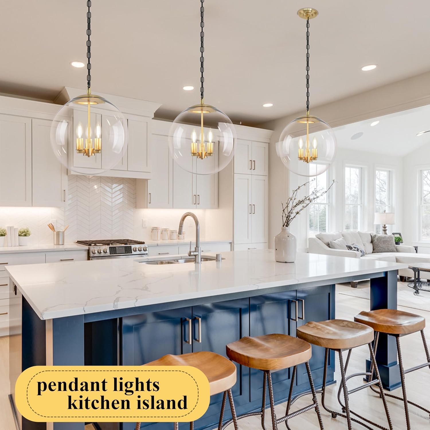 KoKo&Yukina 14' Gold Globe Pendant Light Mid Century Pendant Light Clear Glass Pendant Lights Kitchen Island Adjustable Hanging Light Fixture for Dining Room Bedroom Kitchen Island
