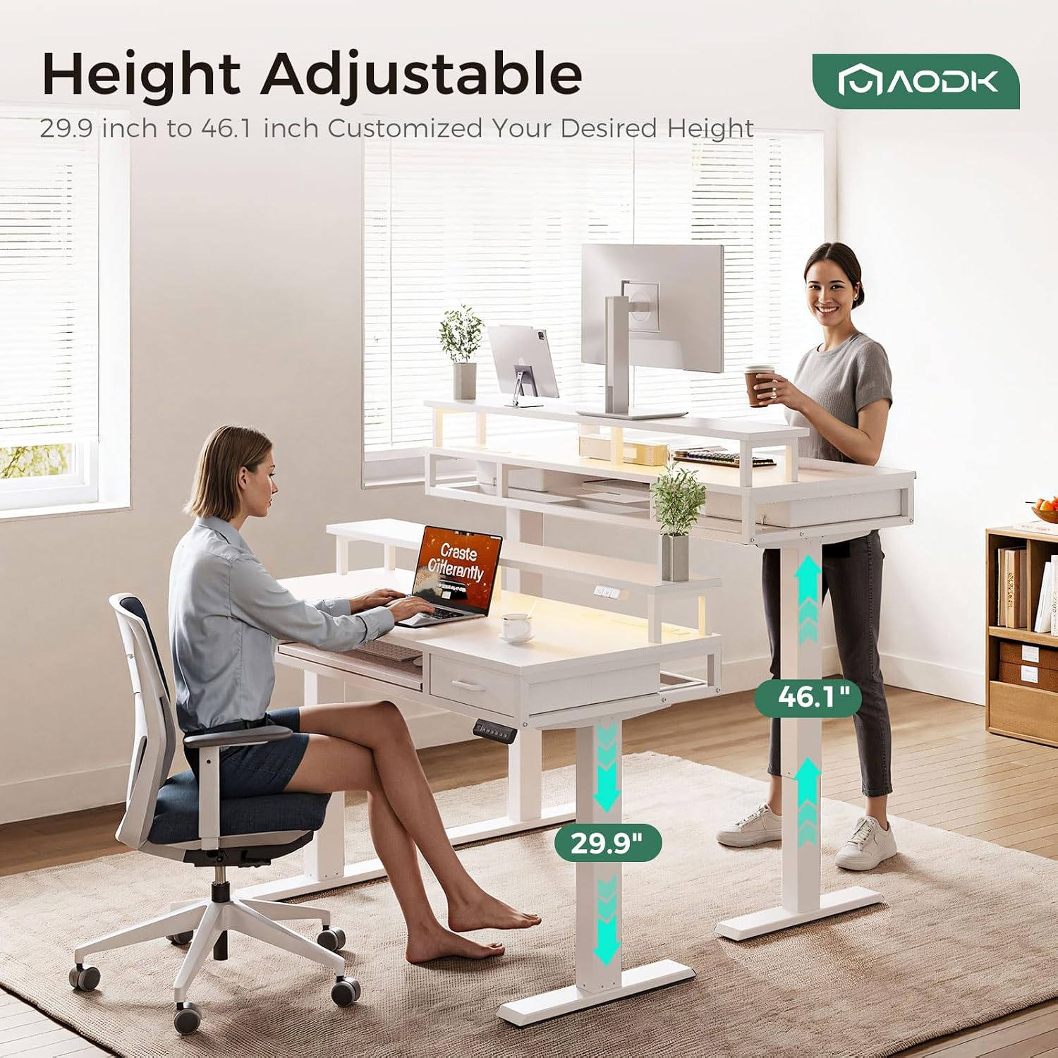AODK Electric Standing Desk with Drawers & Keyboard Tray, 55 Inch Height Adjustable Gaming Desk with Power Outlets & LED Lights, Sit Stand Table with Monitor Stand for Home, Office, White