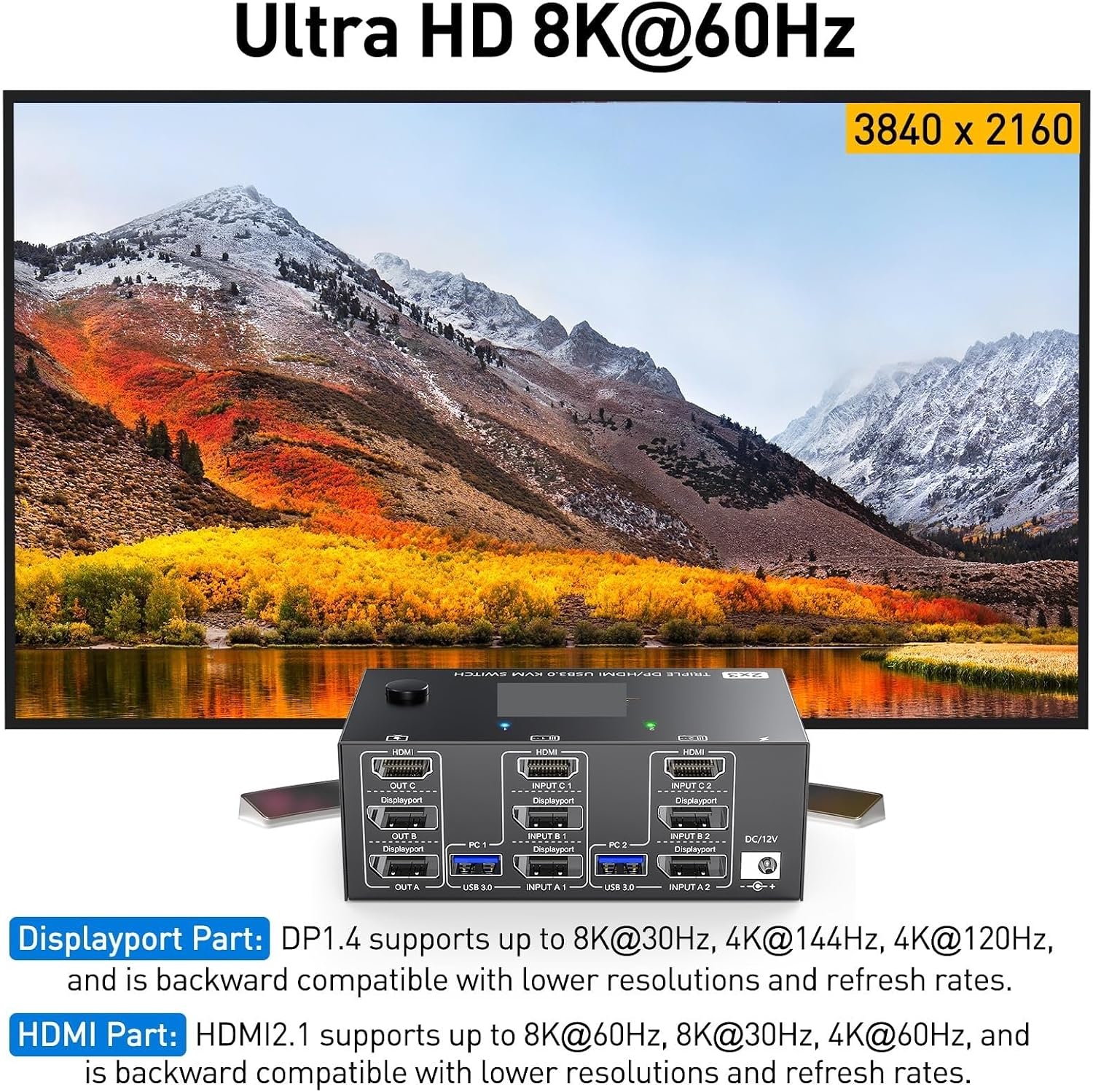 Triple Monitors KVM Switch 2 Displayport + HDMI USB 3.0 KVM Switch 8K@60Hz,4K@120Hz,Apply to 3 Monitors 2 Computers KVM Switch(203DH AU PLIG)