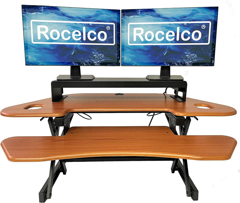 Rocelco 46' Height Adjustable Corner Standing Desk Converter with Dual Monitor Stand Bundle - Sit Stand Up Computer Workstation Riser - Extra Large Keyboard Tray - Teak Wood Grain (R CADRT-46-DMS)