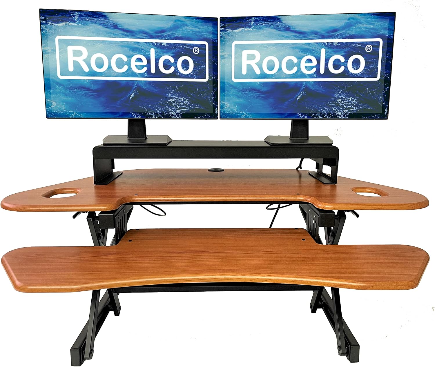 Rocelco 46' Height Adjustable Corner Standing Desk Converter with Dual Monitor Stand Bundle - Sit Stand Up Computer Workstation Riser - Extra Large Keyboard Tray - Teak Wood Grain (R CADRT-46-DMS)