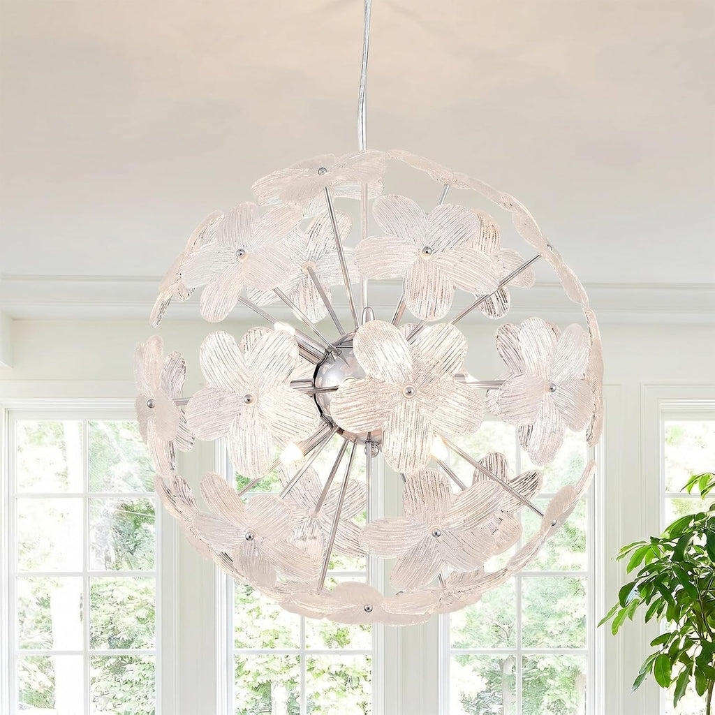 Modern Flower Chandelier Spherical Glass Pendant Light Fixture Height Adjustable Hanging Lamp Semi Flush Mount Ceiling 9 Light for Dining Room, Living Room, Bedroom, Hallway, Kitchen, Foyer