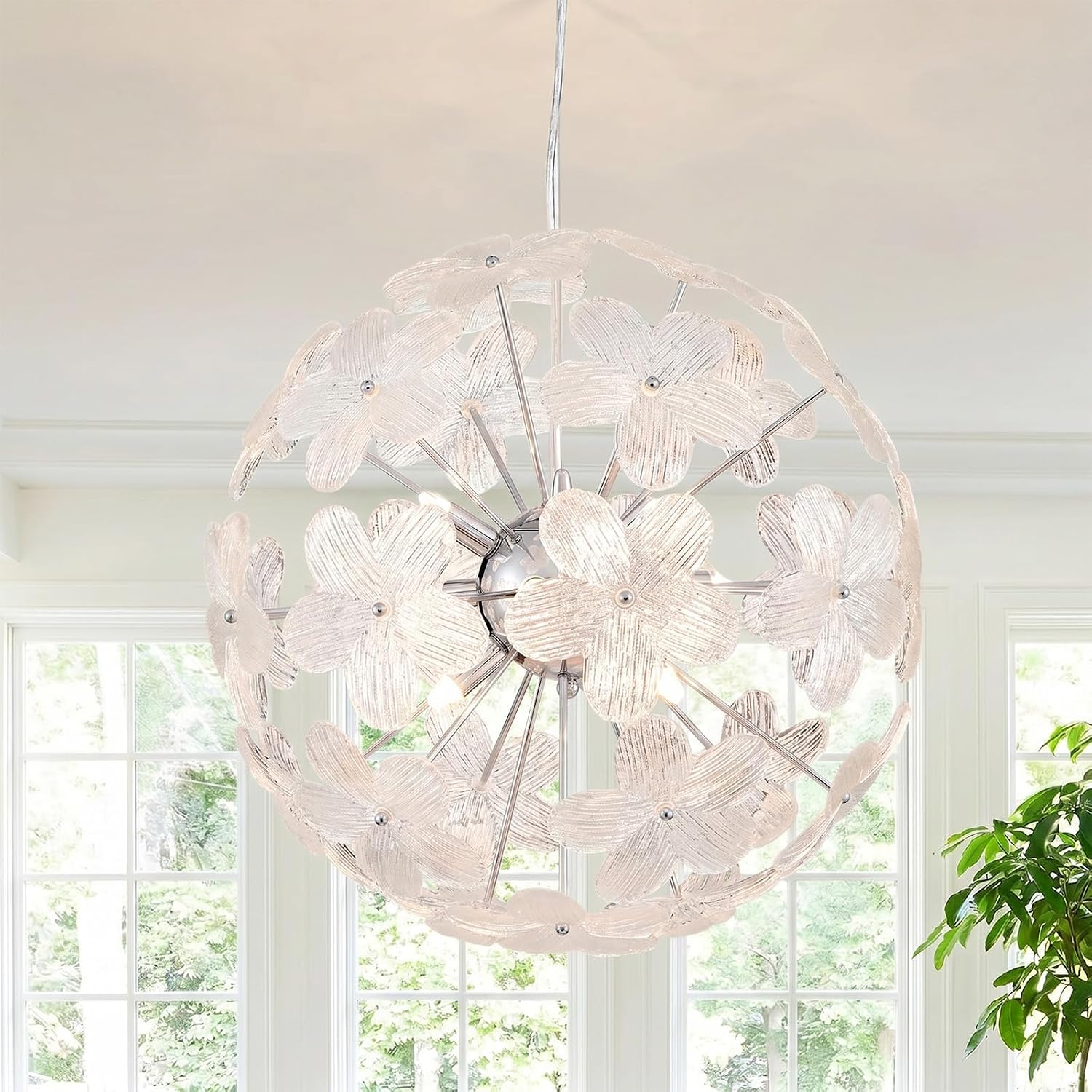Modern Flower Chandelier Spherical Glass Pendant Light Fixture Height Adjustable Hanging Lamp Semi Flush Mount Ceiling 9 Light for Dining Room, Living Room, Bedroom, Hallway, Kitchen, Foyer