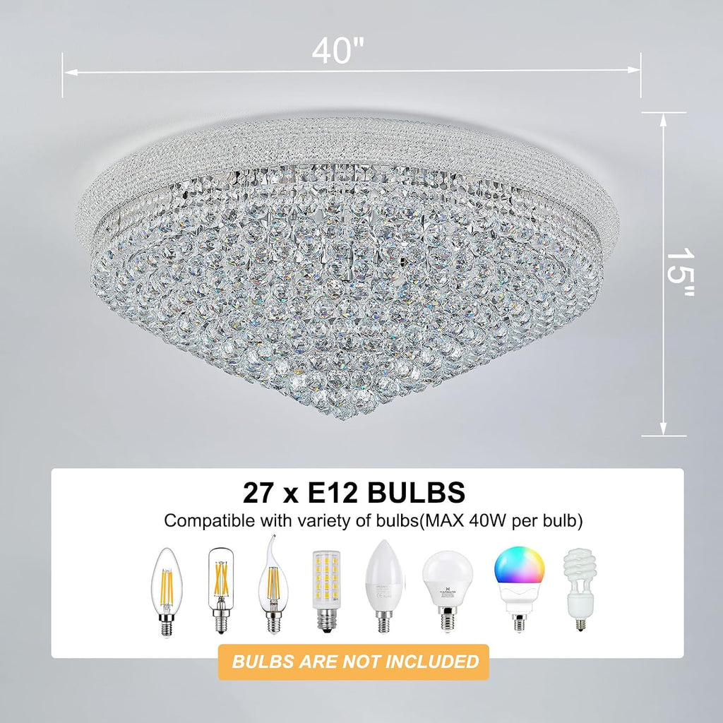 27-Light Large Crystal Chandelier Flush Mount Ceiling Light Fixture for Living Room Entrance Foyer Lobby Chrome Finish