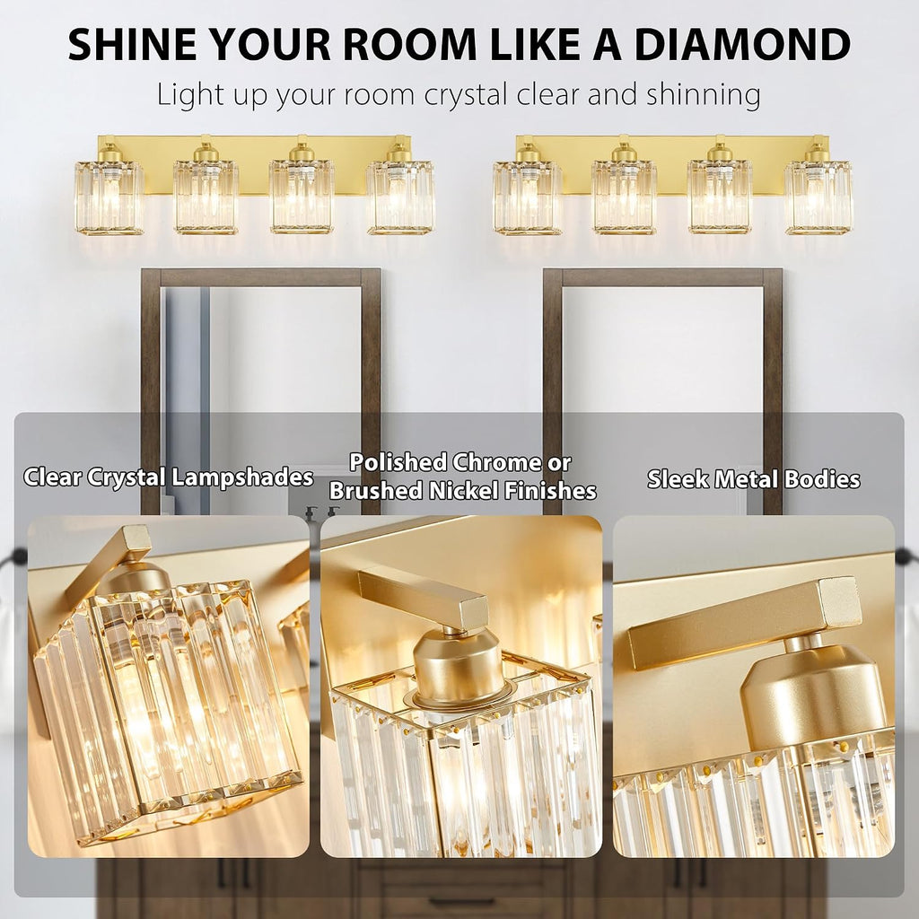 Bathroom Vanity Light Fixtures Over Mirror 4 Crystal Lights - Makeup Lighting Pure Gold - for Modern Wall, Bath, Desk, Farmhouse, Hallway