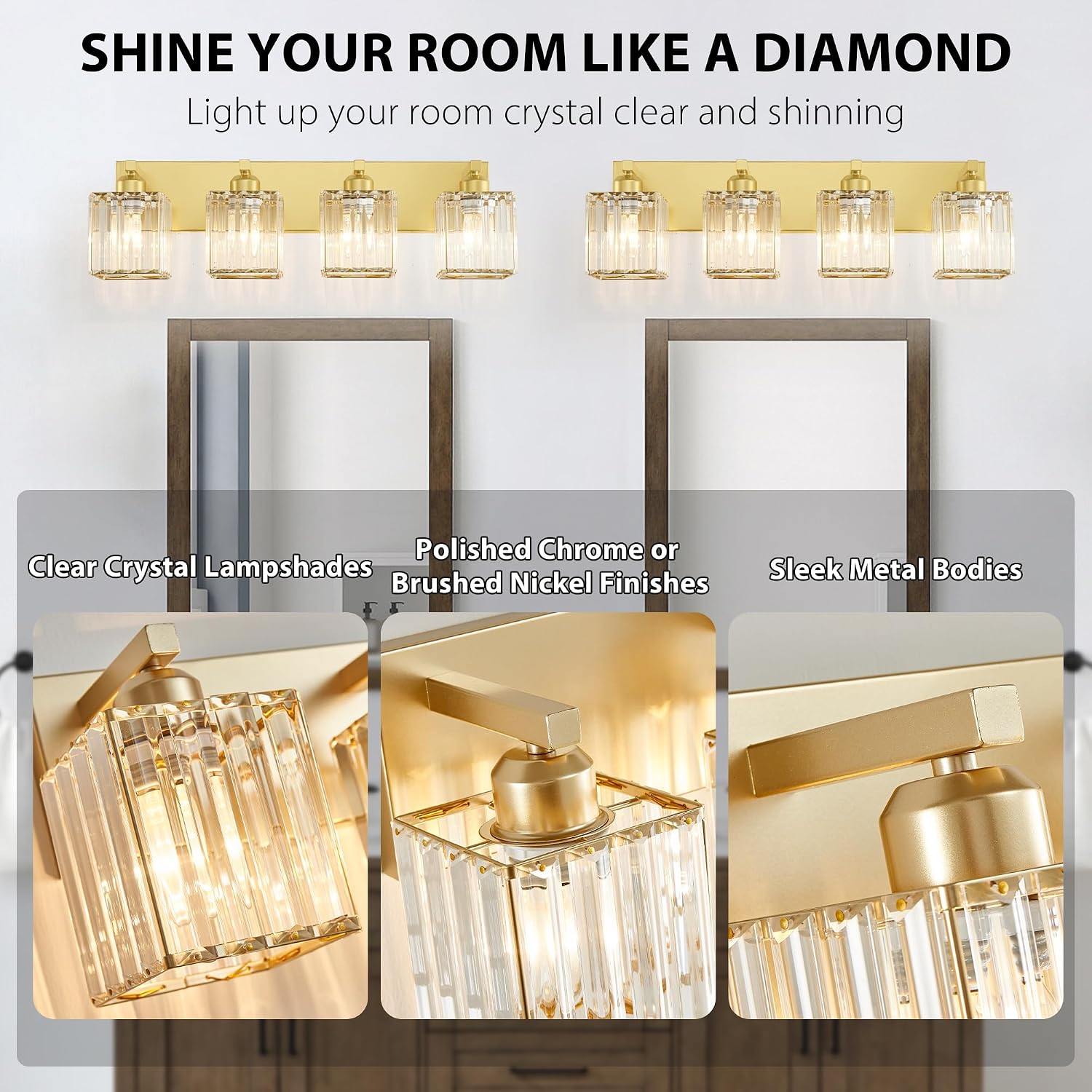 Bathroom Vanity Light Fixtures Over Mirror 4 Crystal Lights - Makeup Lighting Pure Gold - for Modern Wall, Bath, Desk, Farmhouse, Hallway