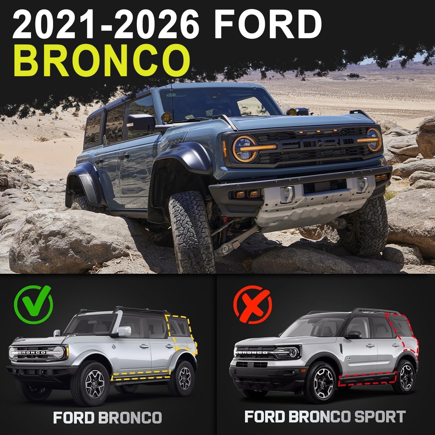 BINARY STAR Running Boards Compatible with 2021-2026 Ford Bronco 4 Door SUV (Do not fit Bronco Sport Model), Rock Rails Sliders Drop Down Side Steps, 4 Inch Black Step Bars Side Step.