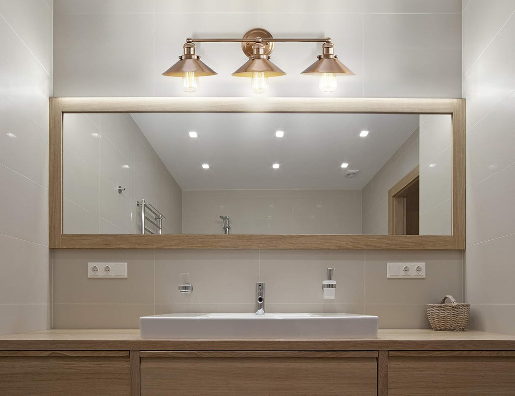 JONATHAN Y 26.5' Brass Gold 3-Light Industrial Farmhouse Metal Vanity Light Wall Sconce, Metal Shade for Bathroom Mirror, Kitchen, Entryway, LED Bulb Included (JYL7431A)