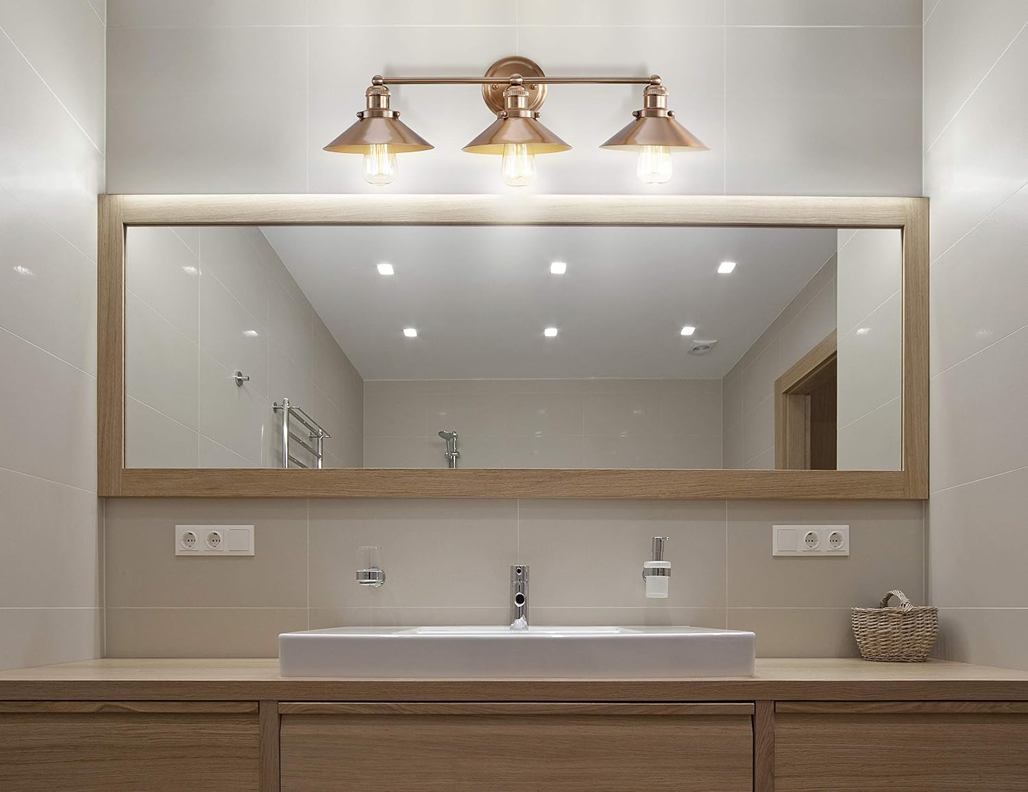 JONATHAN Y 26.5' Brass Gold 3-Light Industrial Farmhouse Metal Vanity Light Wall Sconce, Metal Shade for Bathroom Mirror, Kitchen, Entryway, LED Bulb Included (JYL7431A)