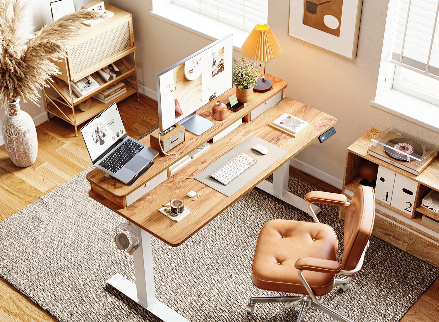 BANTI 55x24 Inch Electric Standing Desk with Dual Drawers, Height Adjustable Stand Up Table, Sit Stand Home Office Desk with Storage Shelf, White Frame/Light Rustic Brown Top