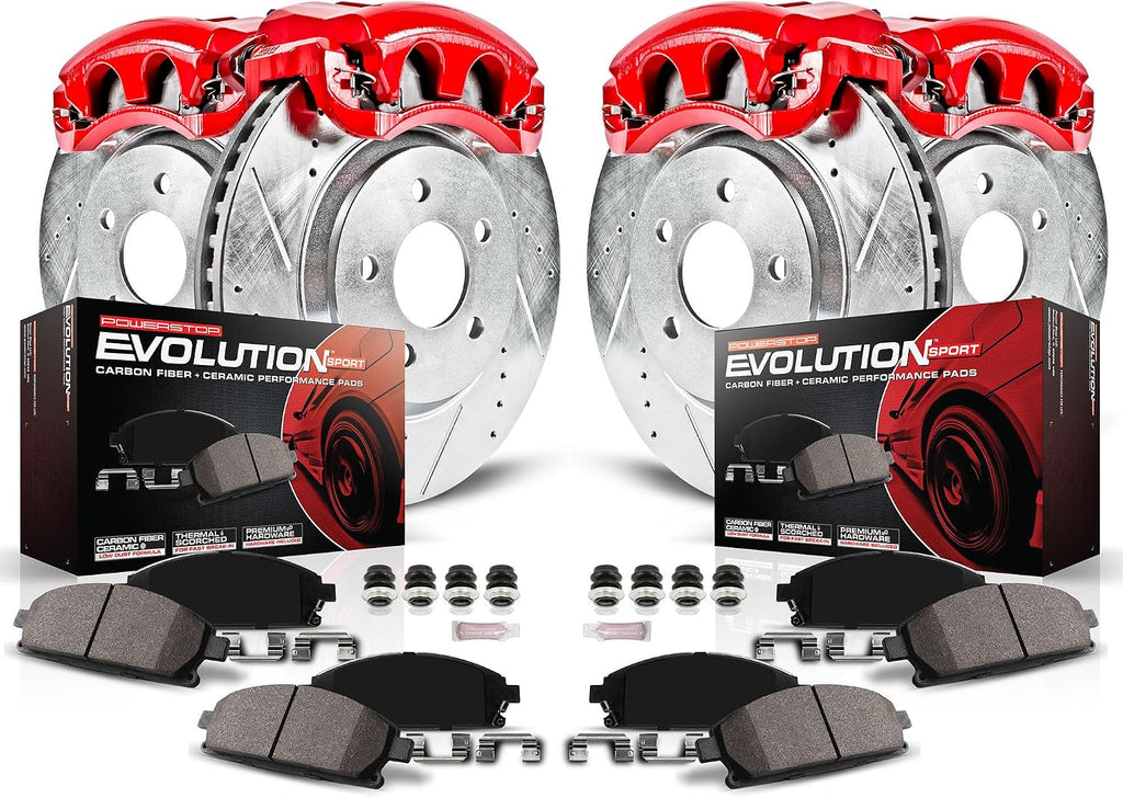 PowerStop Front and Rear Brake & Caliper Kit for Honda Civic 2006-11 - Carbon-Fiber Ceramic Brake Pads + Drilled & Slotted Rotors + Red Powder Coated Calipers, KC2440