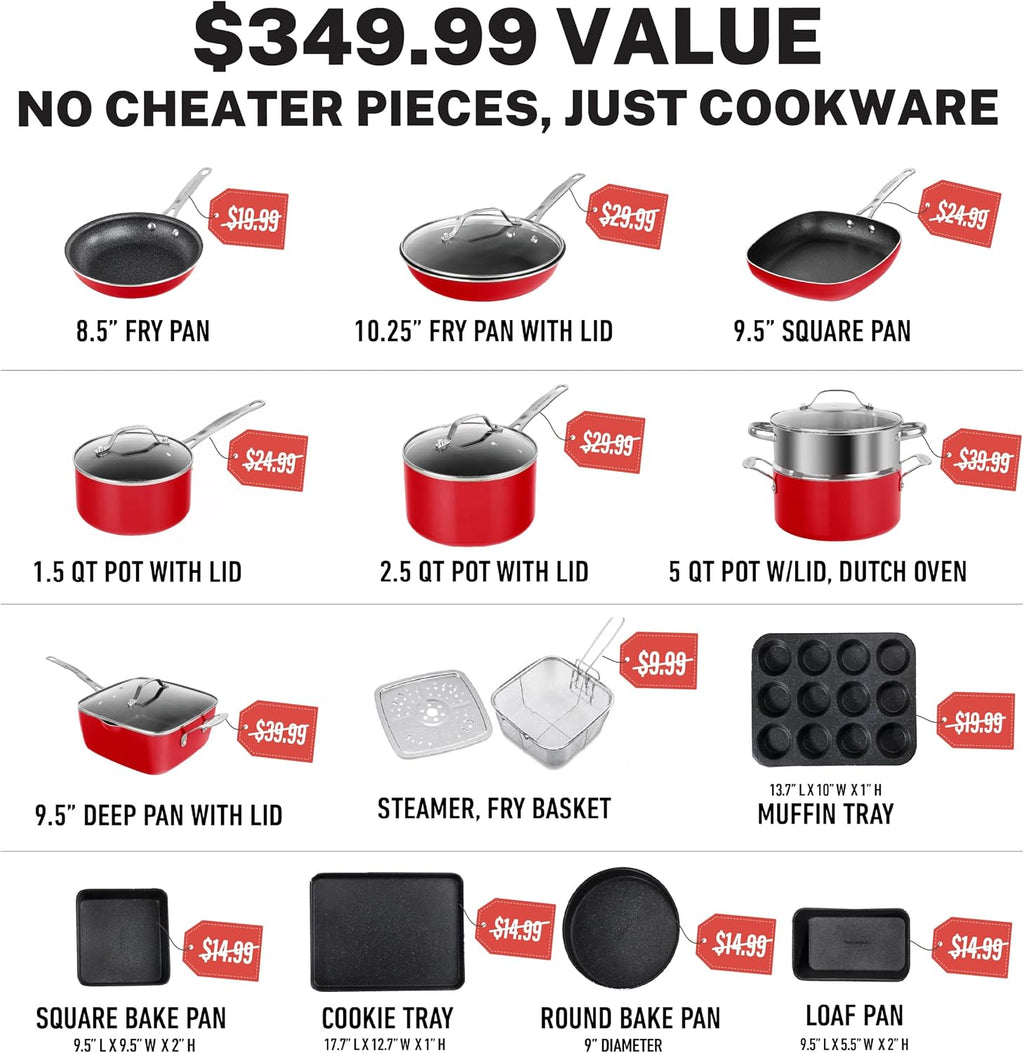 Granitestone 20-Piece Nonstick Pots and Pans Set with Bakeware & Steamer, Diamond-Reinforced Cookware Set, Deep Frying Pan, Non-Toxic PFOA PFOS Free, Metal Utensil Safe, Dishwasher & Oven Safe, Red