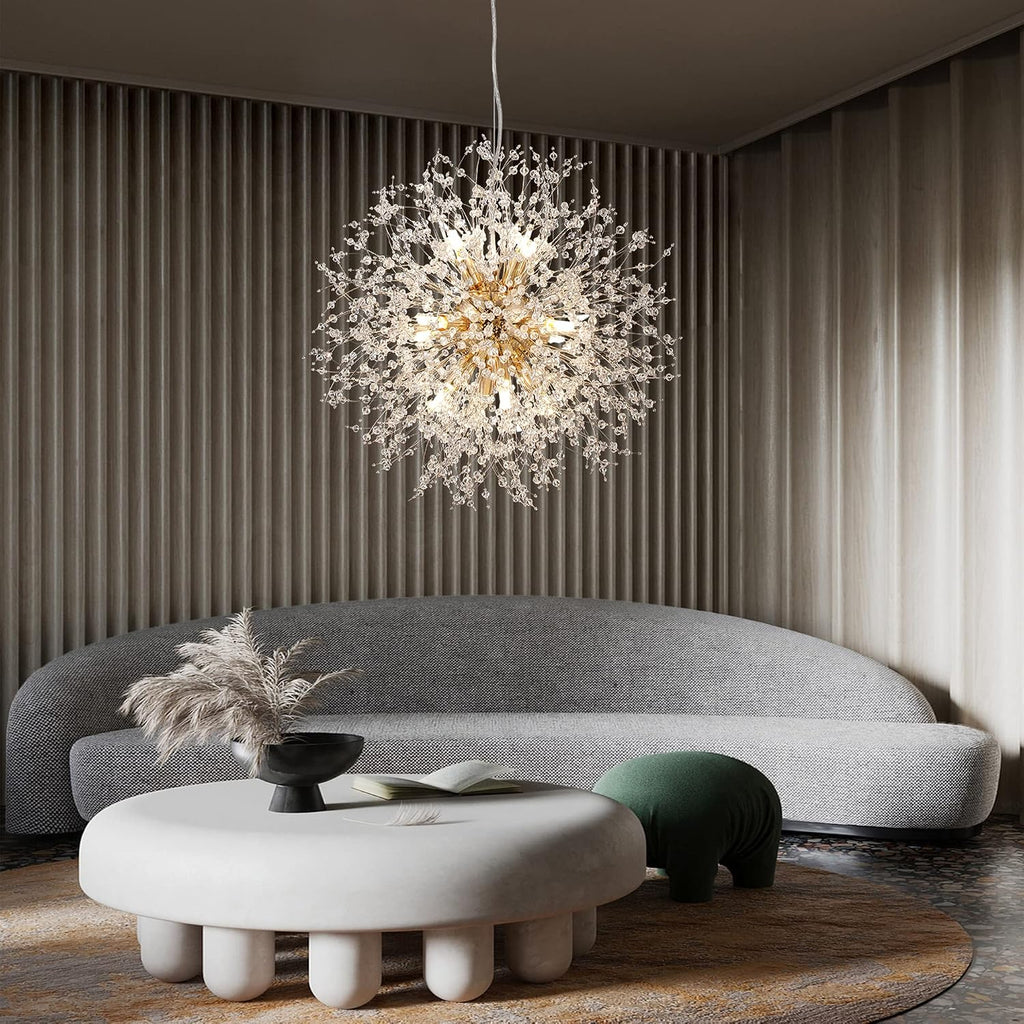 Firework Chandelier Gold, 12-Light Modern Crystal Chandelier Dandelion, 21.6' Stainless Steel Sputnik Pendant Hanging Light for Dining Room Bedroom