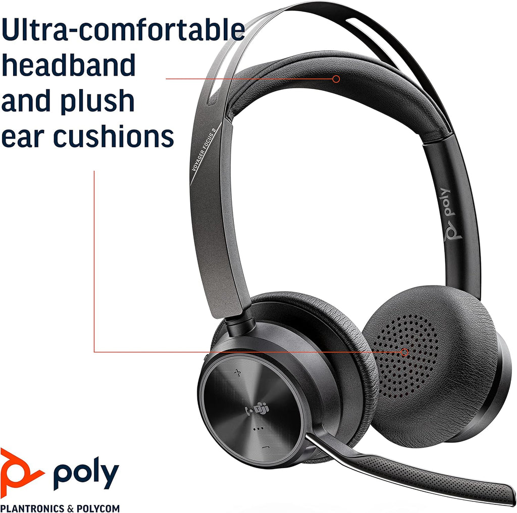 Poly - Voyager Focus 2 Office USB-A (Plantronics) - Bluetooth Stereo Headset with Boom Mic - USB-A PC/Mac/Desk Phone Compatible - Active Noise Canceling - Works with Teams (Certified), Zoom & More