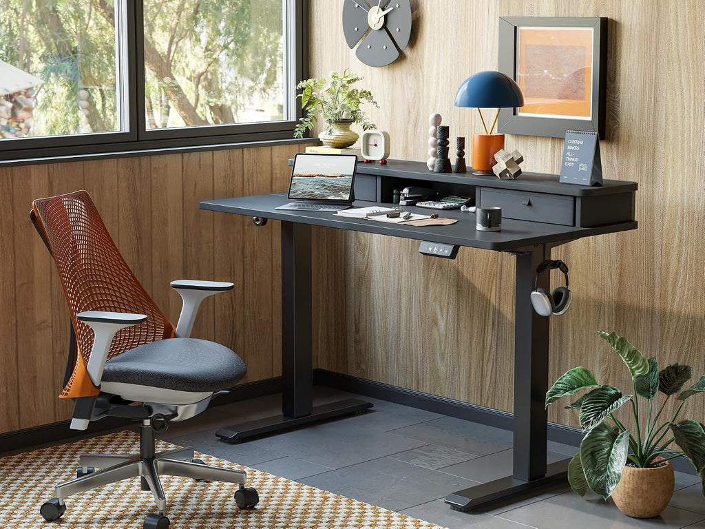 TIQLAB Standing Desk with Two Drawers, Stand Up Standing Desk Adjustable Height, Electric Sit Stand Table with Storage Shelf and Splice Board, 55 * 24 inch, Black