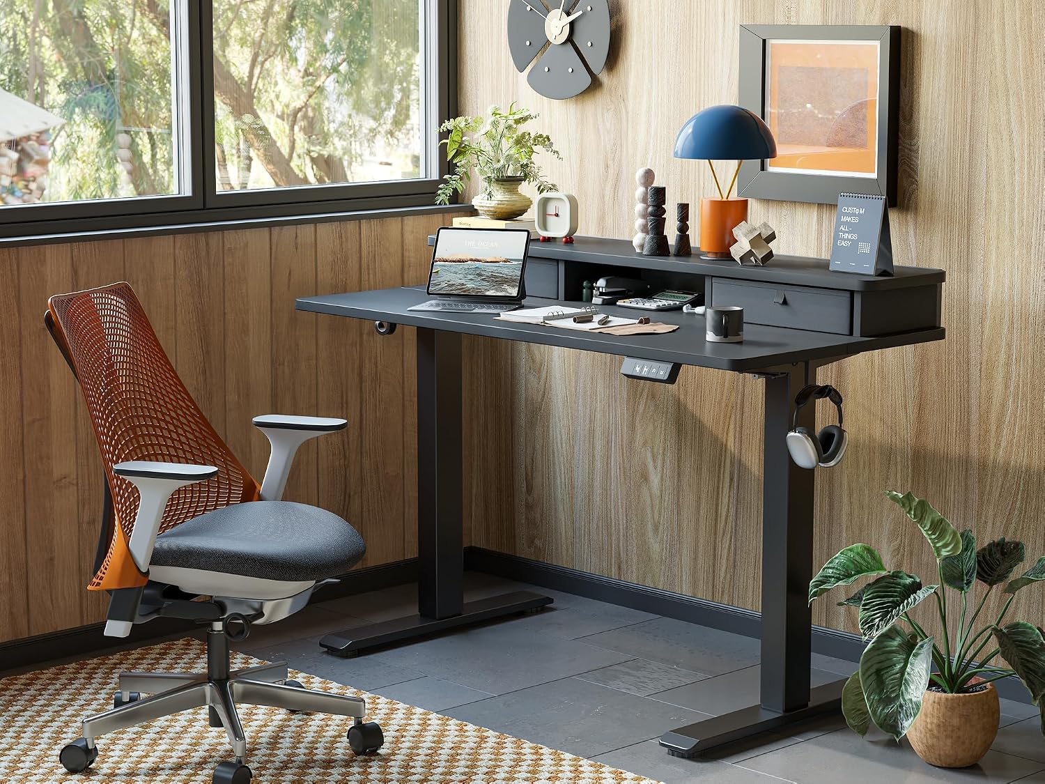 TIQLAB Standing Desk with Two Drawers, Stand Up Standing Desk Adjustable Height, Electric Sit Stand Table with Storage Shelf and Splice Board, 55 * 24 inch, Black