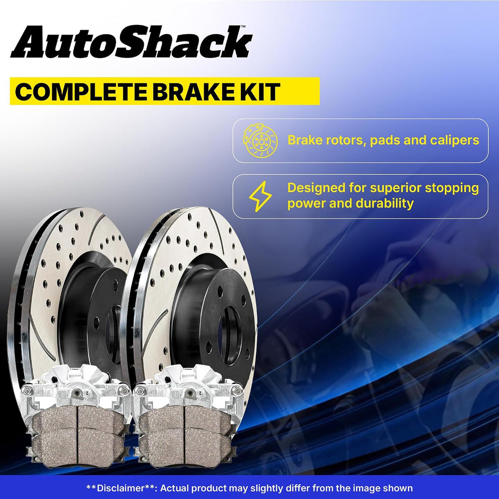 AutoShack Front & Rear Brake Rotors, Premium Pads & Calipers for Honda, Civic 2006-2011, FWD L4 1.8L - E-Coated Drilled & Slotted - ShadowGuard