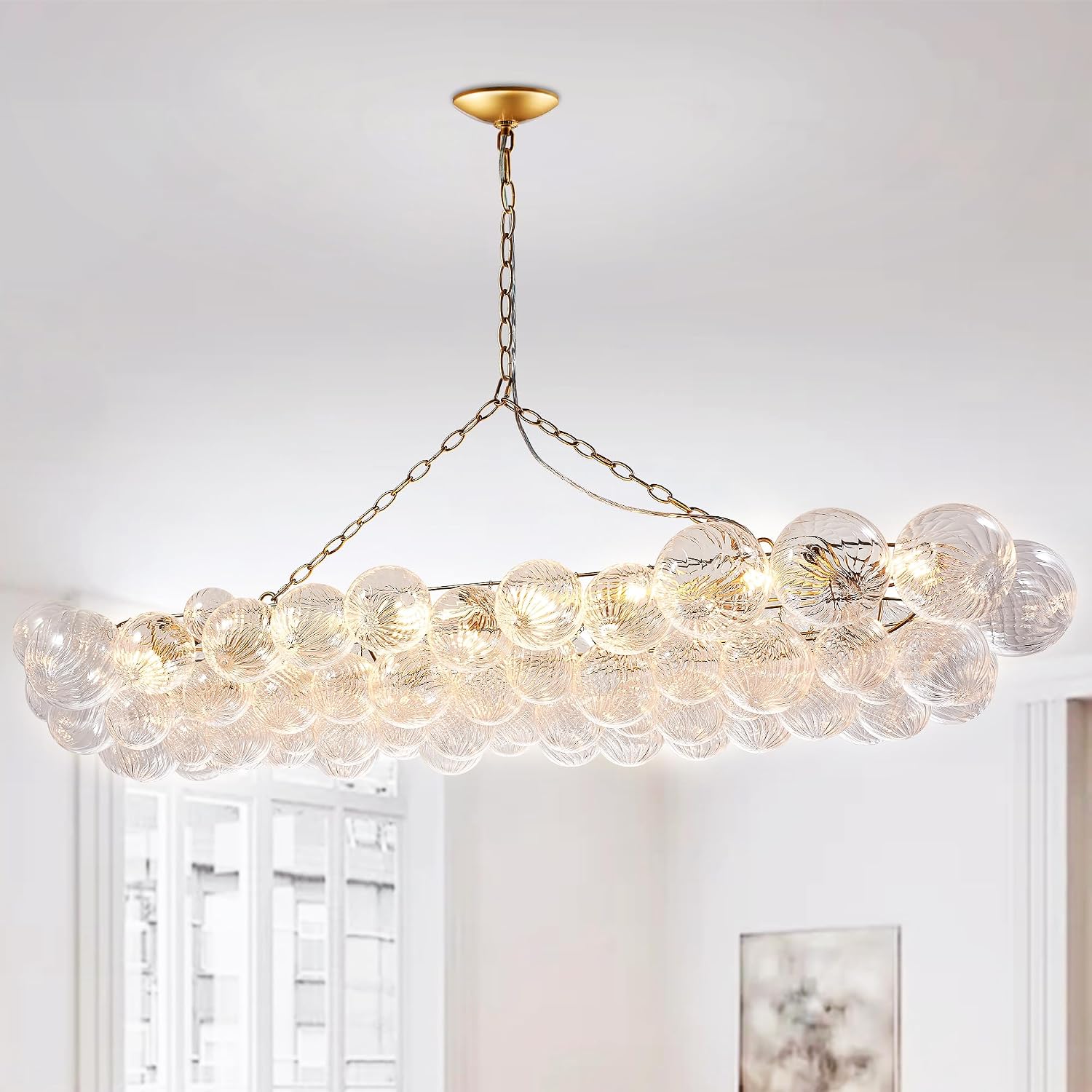 Longree Nordic Bubble Ball Swirled Glass Chandelier Gold, 62 inch | Long Rectangular, Island Light Fixture, For Dining Table, For Living Room