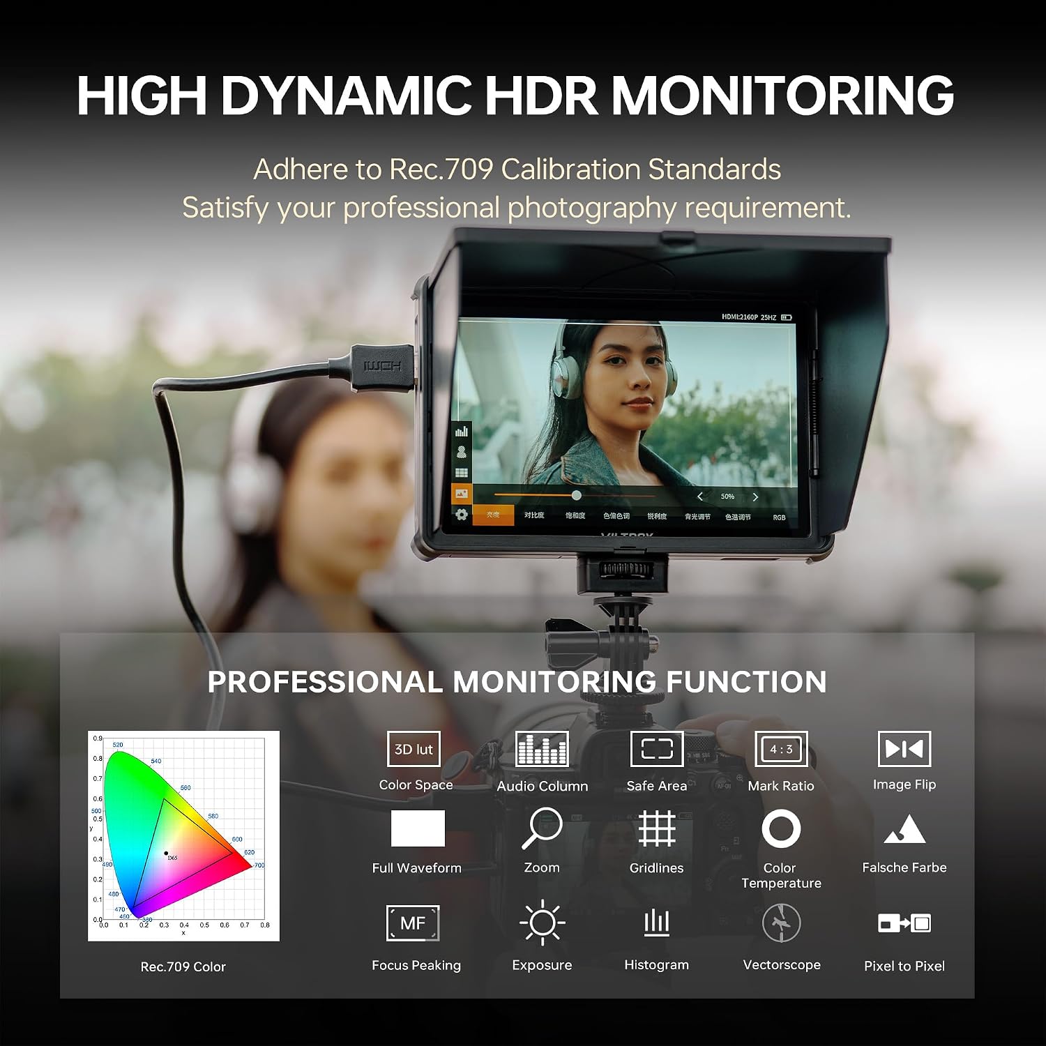 VILTROX DC-L1 7' Camera Field Monitor Touchscreen DSLR Kamera Monitor with 170° Wide View Angle,600 Nits,HD 1280x800 IPS 4K HDMI Loop in/Out with Peak Focus Video Assist Waveform,Battery,Sunshade Hood