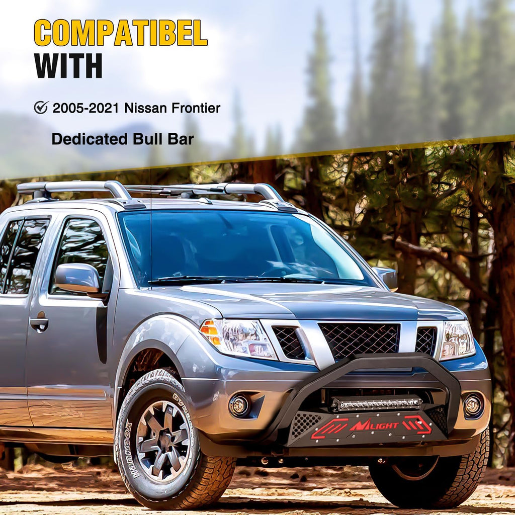 Nilight Bull Bar with Light Compatible with Nissan Frontier 2005-2021 (Tow Hooks Must be Removed) Front Bumper Grille Brush Push Guard with Skid Plate Licence Hole Black