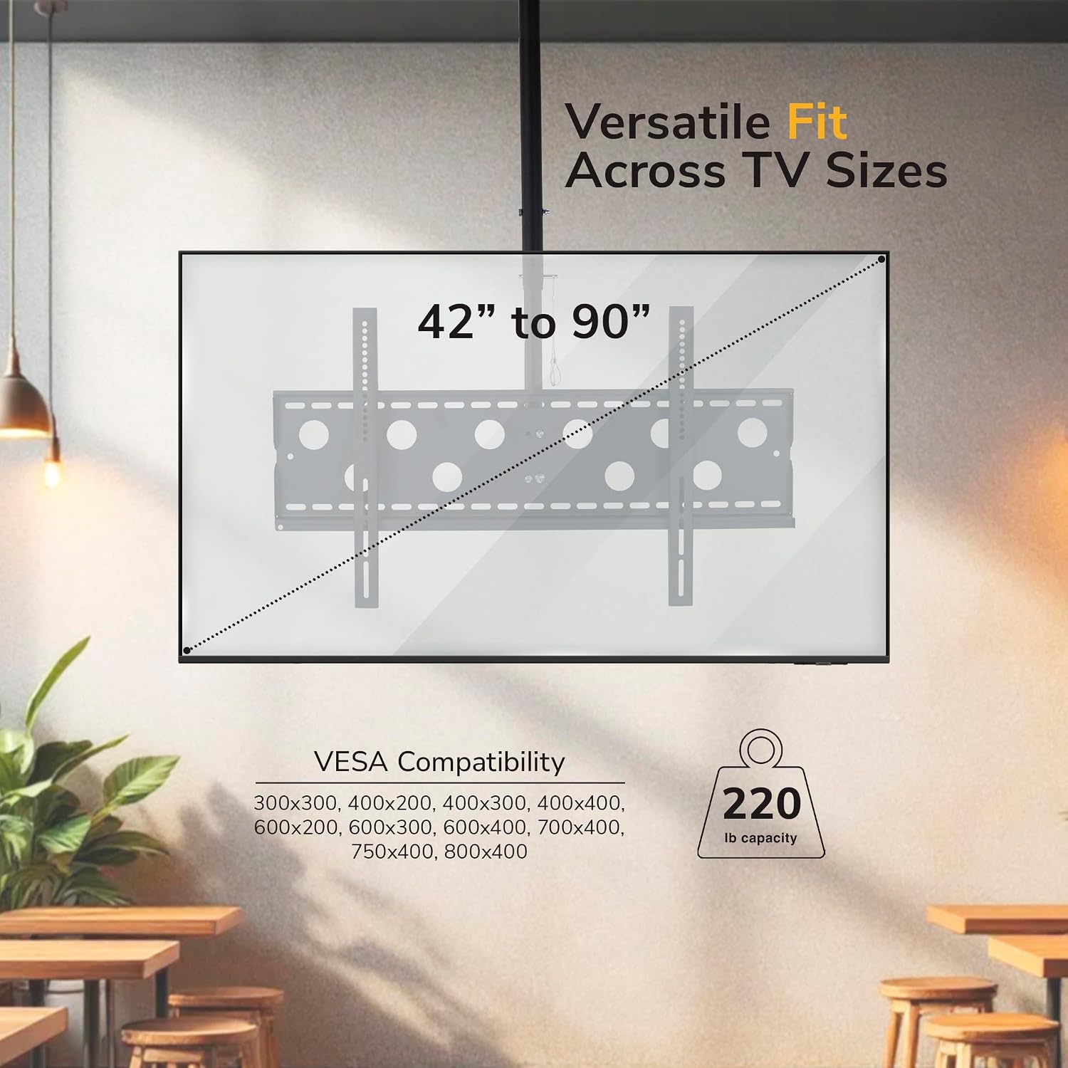 Mount-It! Ceiling TV Mount for 42–90 Inch TVs – Full Motion Swivel, Tilt & Height Adjustable TV Bracket, 220 lb Capacity, VESA 800x400, Sloped Ceilings, Corners – Home & Commercial Use