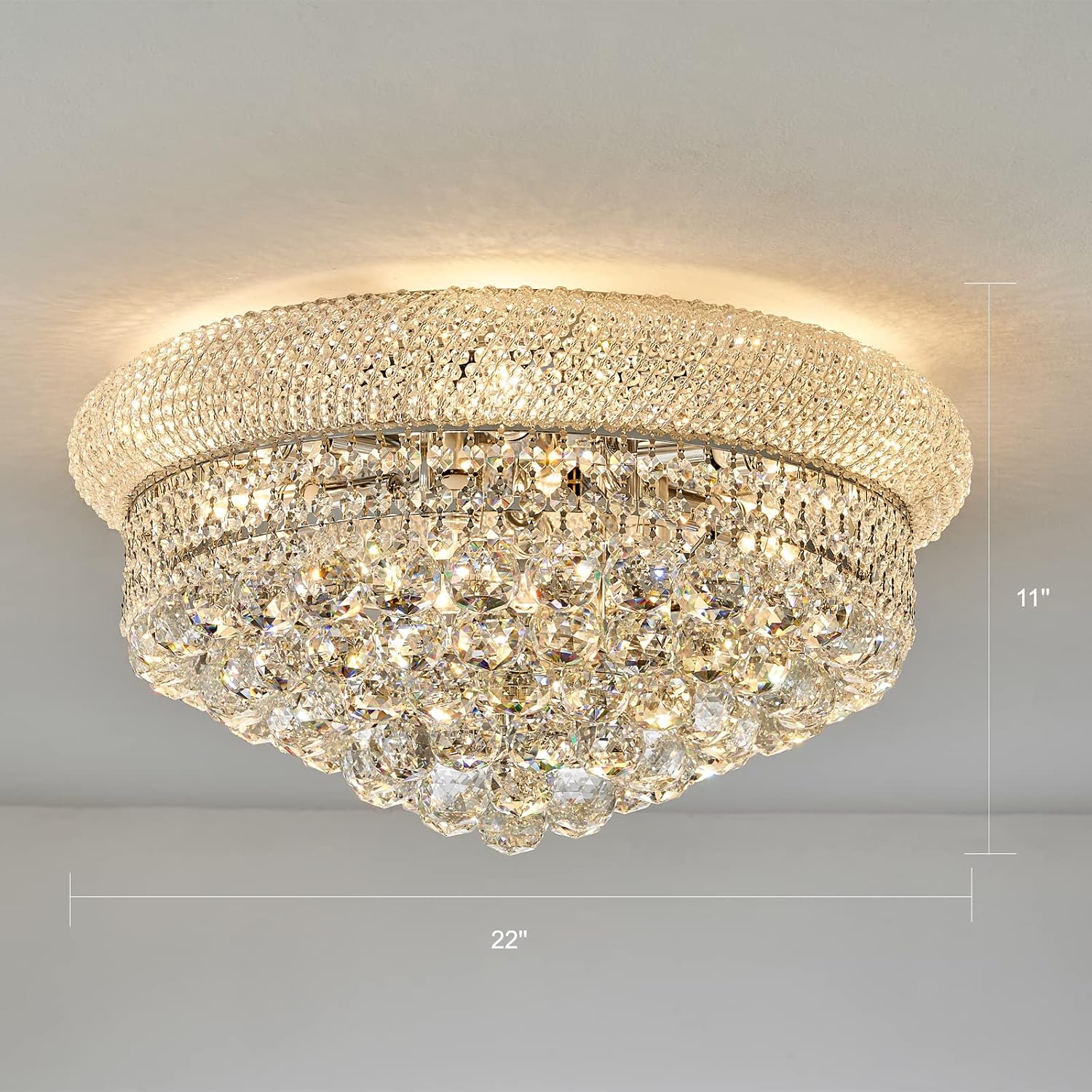 9 - Light Flush Mount Crystal Chandelier for Living Room Dining Room Entryway Hallway Bedroom Foyer Chrome Finish