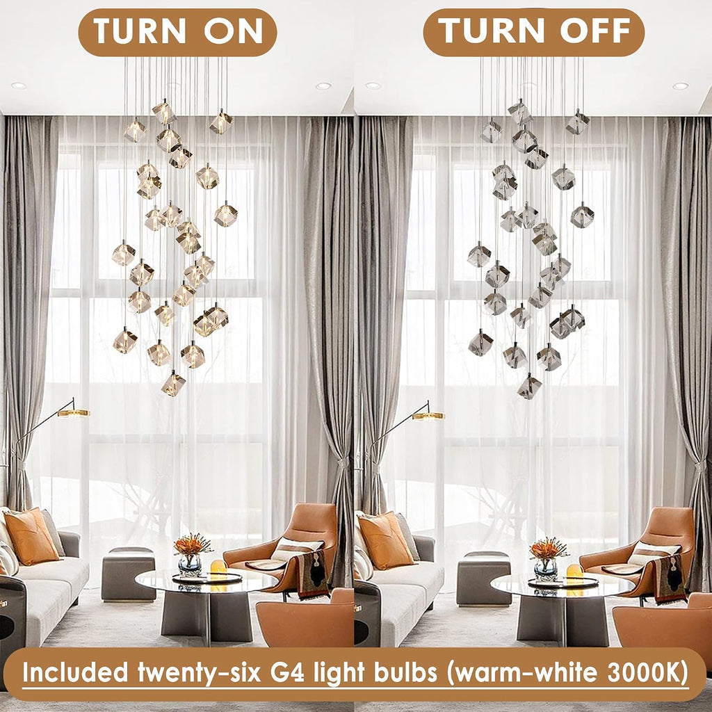 Cube Crystal Staircase Chandelier, 26-Light Raindrop Pendant High Ceiling Chandelier for Staircase, 78W Long Length Clear Crystal Pendant Hanging Light Fixture for Entryway