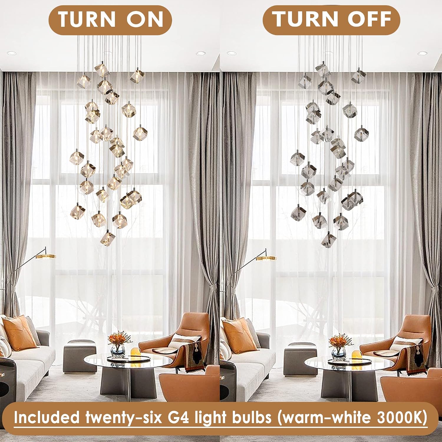 Cube Crystal Staircase Chandelier, 26-Light Raindrop Pendant High Ceiling Chandelier for Staircase, 78W Long Length Clear Crystal Pendant Hanging Light Fixture for Entryway