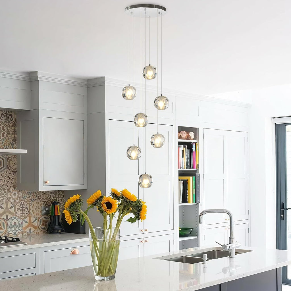 7-Light Multi-facted Crystal Pendant Light Fixture, Cluster Pendant Chandelier Lighting in Chrome, Adjustable Hanging Island Light for Kitchen Dining Room Hallway