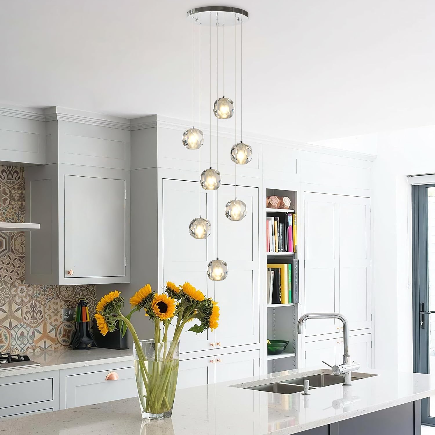 7-Light Multi-facted Crystal Pendant Light Fixture, Cluster Pendant Chandelier Lighting in Chrome, Adjustable Hanging Island Light for Kitchen Dining Room Hallway