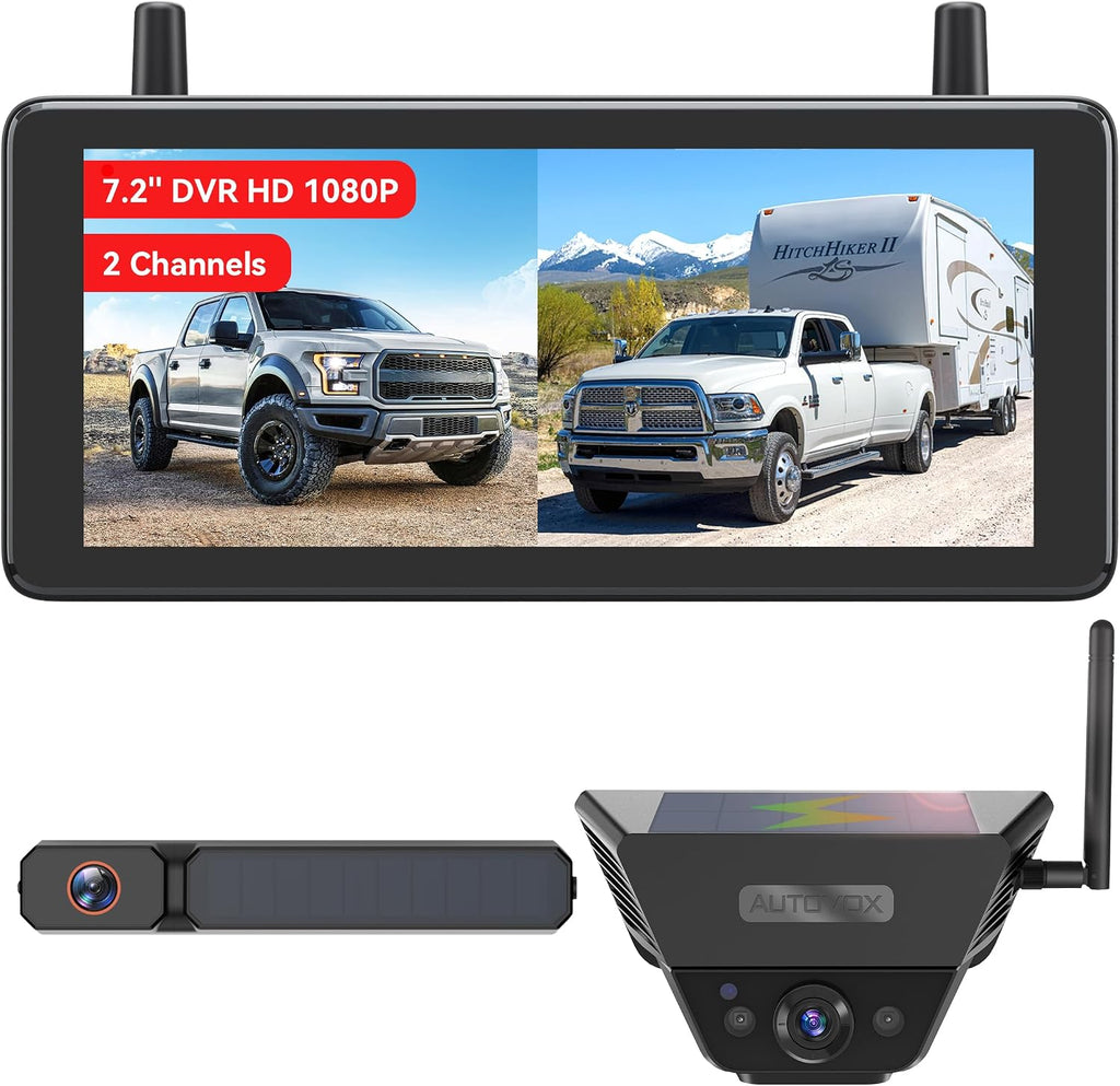 AUTO-VOX 2 Solar Wireless Backup Camera System: 7.2' 1080P HD Monitor, 3-Min Quick Installation for Wider Rear & Trailer View, IP69K Waterproof Back Up Camera for Truck, RV, Camper, Horse/Boat Trailer